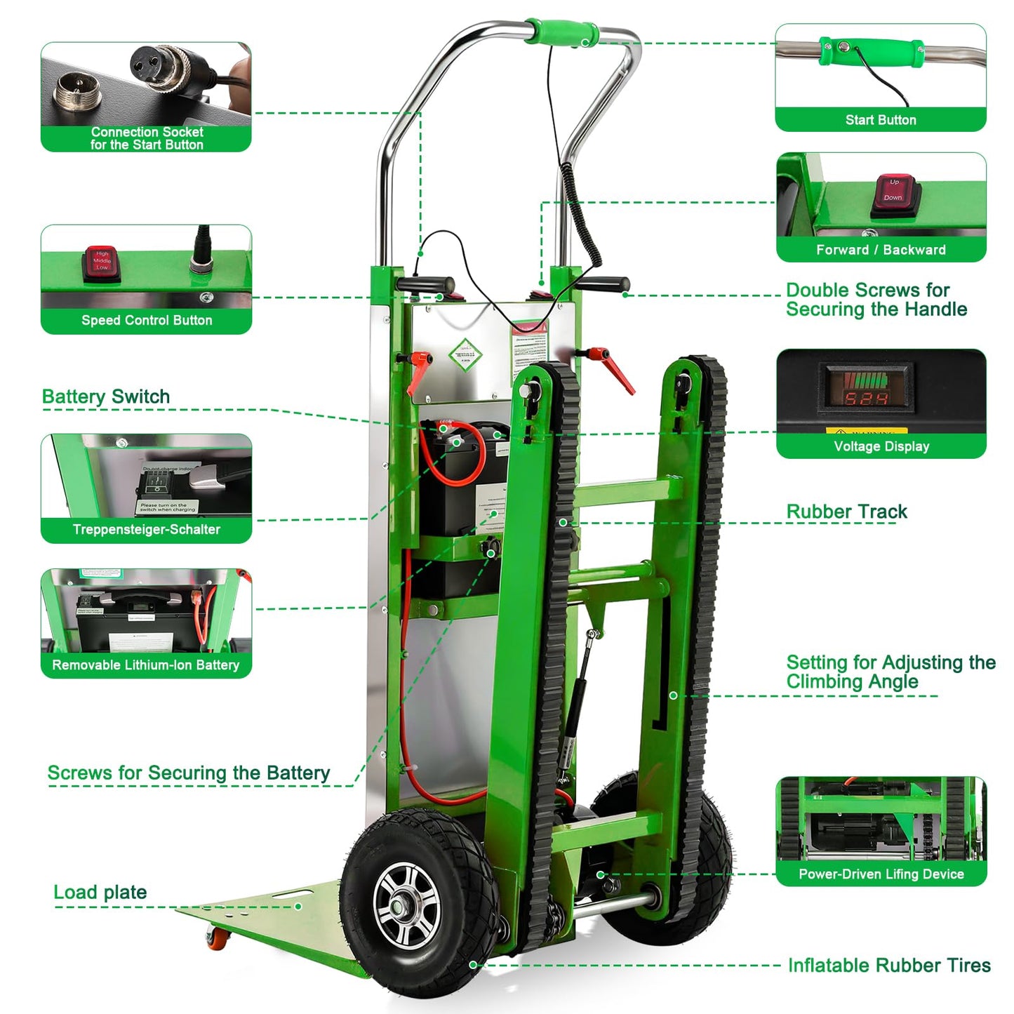 Electric Stair Climbing Dolly, Heavy Duty Stair Climber 900lbs Capacity 1250W Motorized Hand Truck with Ropes & Foldable Design for Moving Furniture Logistics (Green, Big Wheels)
