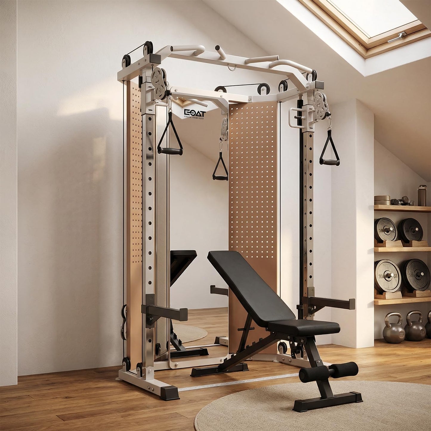 EOAT Smith Machine with Mirror, All in One Corner Master with 132 lbs Weight Stack, 17 Adjustable Settings, Space-Saving Corner Design, Squat Rack Power Cage with Cable Crossover System for Home Gym