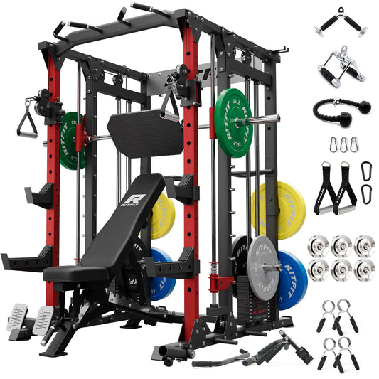 RitFit Buffalo Smith Machine Package, All-in-One Power Cage with Weight Stack , Power Rack with Cable Crossover & Leg Press Attachment for Home Gym(RED,CP260)