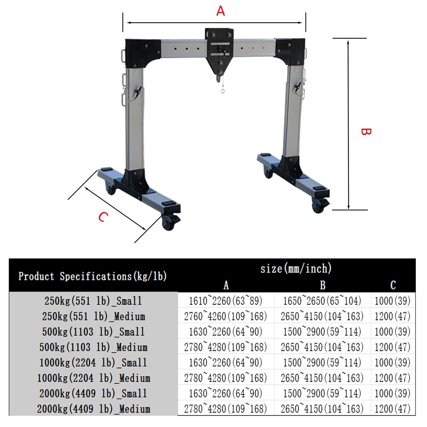 Aniwini Portable Aluminum Gantry Crane, Maximum Rated Load 2000KG/4409LBS- Beam Height 8.7~13.6 FT Length 9~14 FT, Mobile Gantry Crane 2000kg/4409 lb M