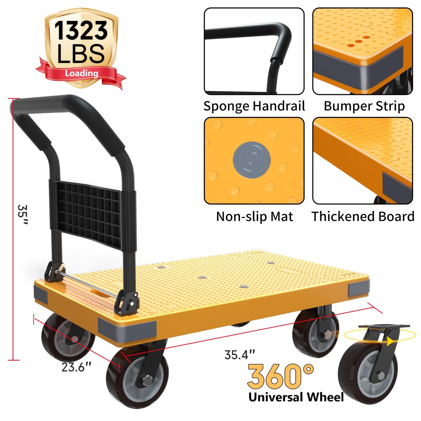 WUD Push Cart, Folding Mobile Platform Trolley,Thickened and Reinforced, 360° Swivel Wheels,35.4 “L x 23.6 ”W, 1323 lb. Yellow
