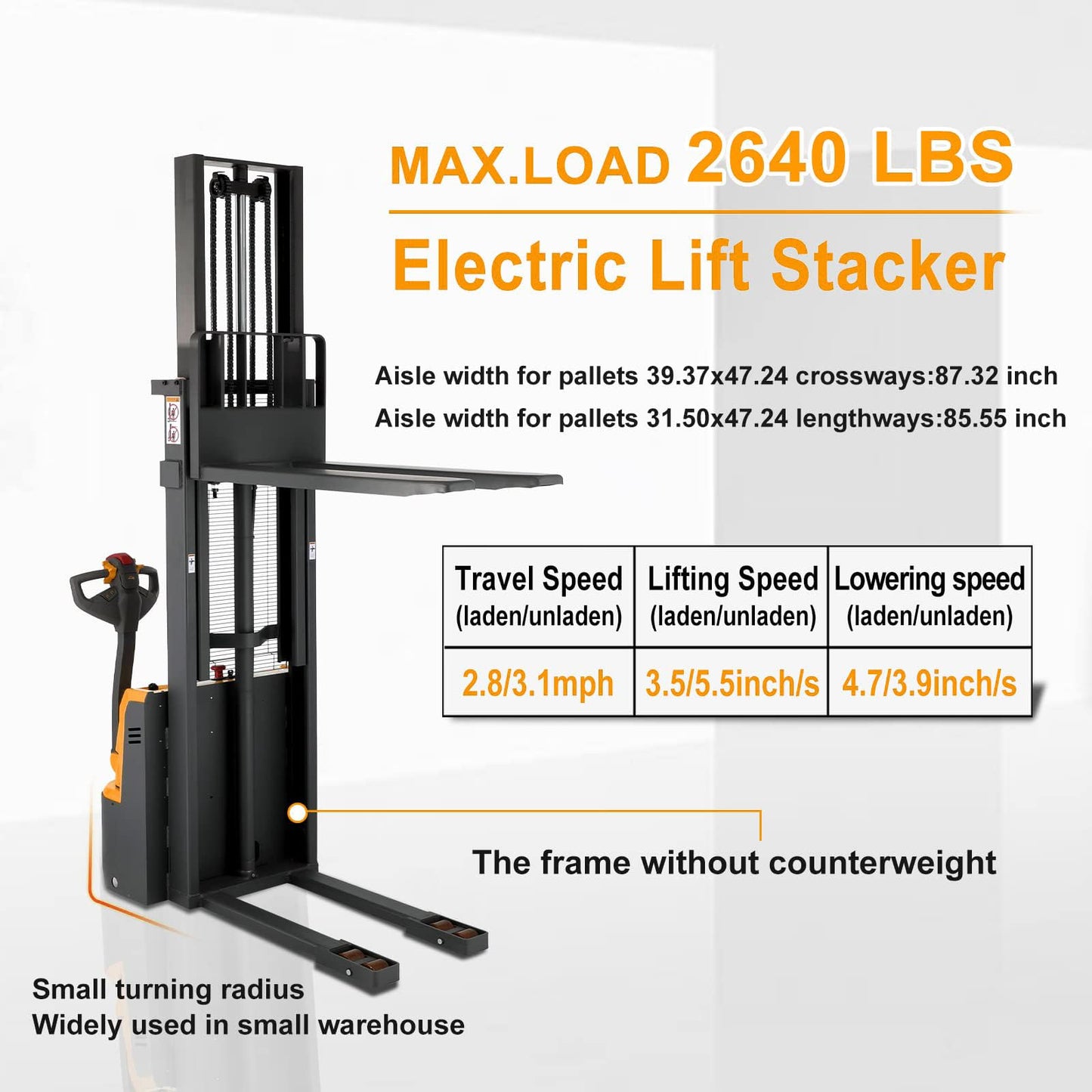 Tory Carrier Full Electric Walkie Pallet Stacker with Fixed Legs Material Lifting Tools 2640lbs Capacity Max Lift 98” Height