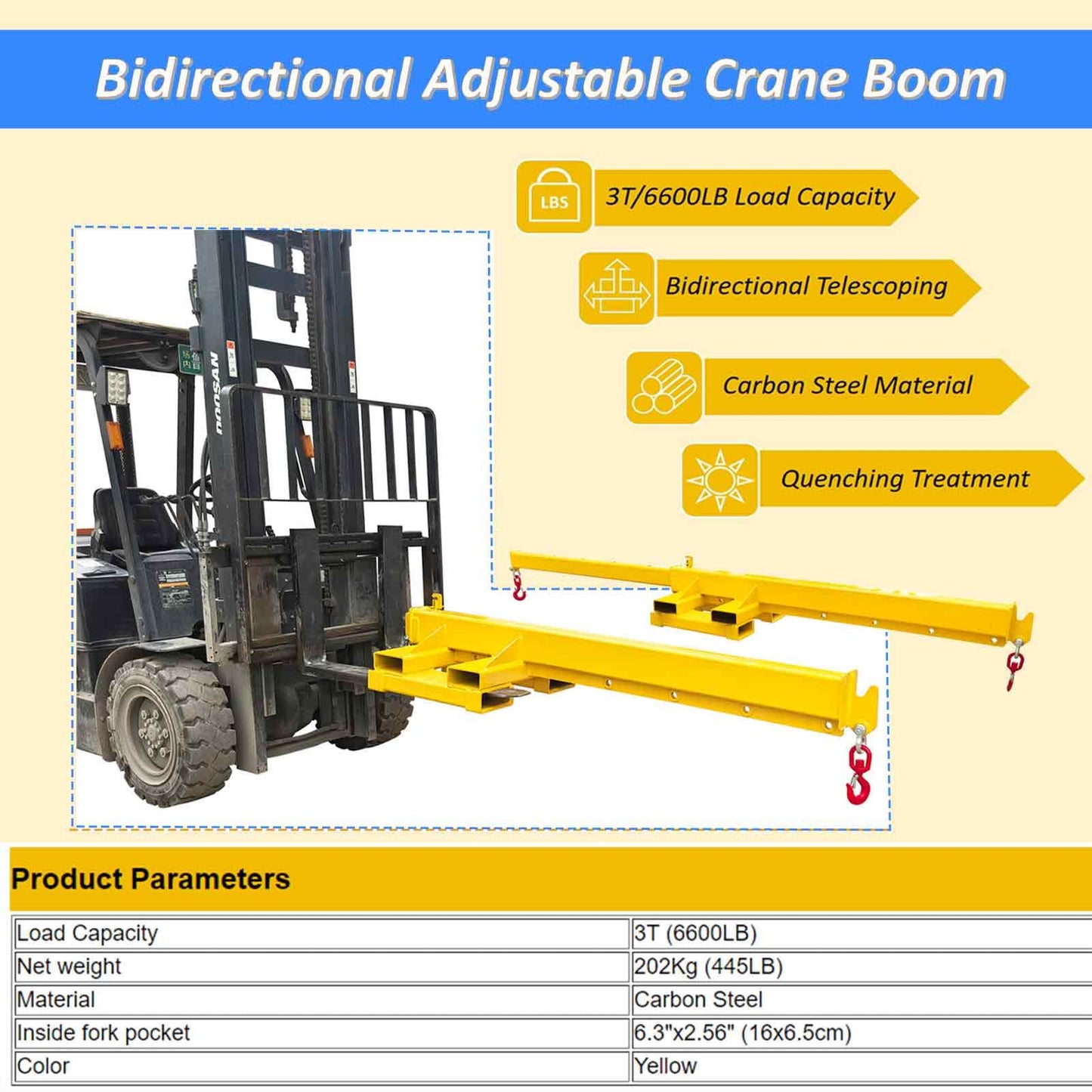 BEILOCKERY Forklift Jib Crane 6600lbs/3 Ton Capacity, Telescopic Boom with Transverse & Longitudinal Direction, Adjustable Mobile Hoist with Truss Boom & 2 Hooks, Max Reach 145.2 Inches