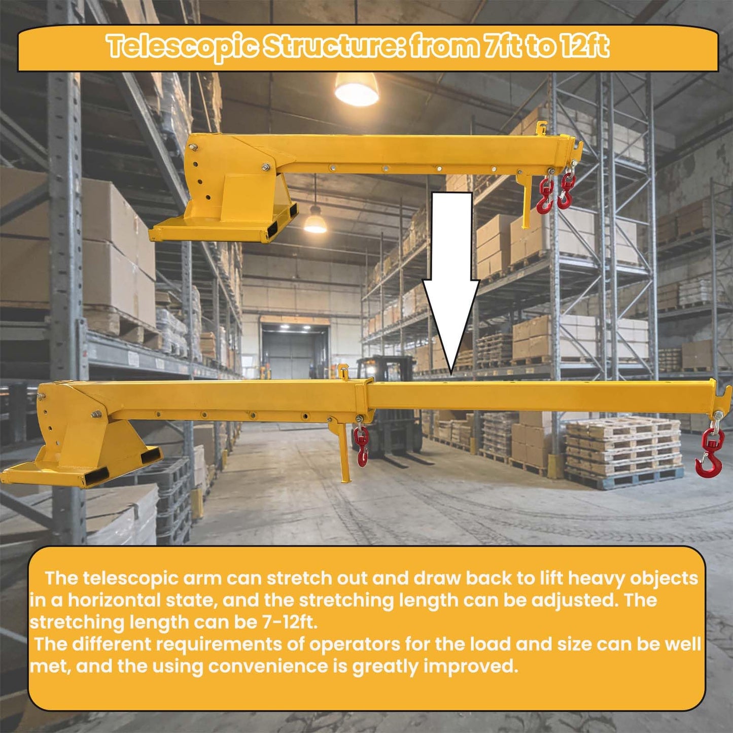 BREVELTION 6600LB Forklift Mobile Crane, 12FT Maximum Extension Arm Attachments, Adjustable Angle Jib Boom Crane, W/Telescopic Boom and Hook, for Forklift Towing Handling