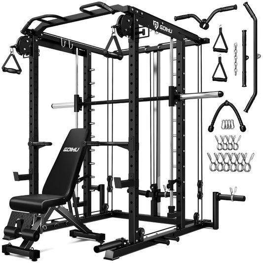 Goimu S1-V4 Smith Machine, 2000LBS Power Cage with Cable Crossover System, All-in-One Squat Rack with Smith Bar, Strength Training Equipment for Hone Gym (Black Smith Machine wiht Bench)