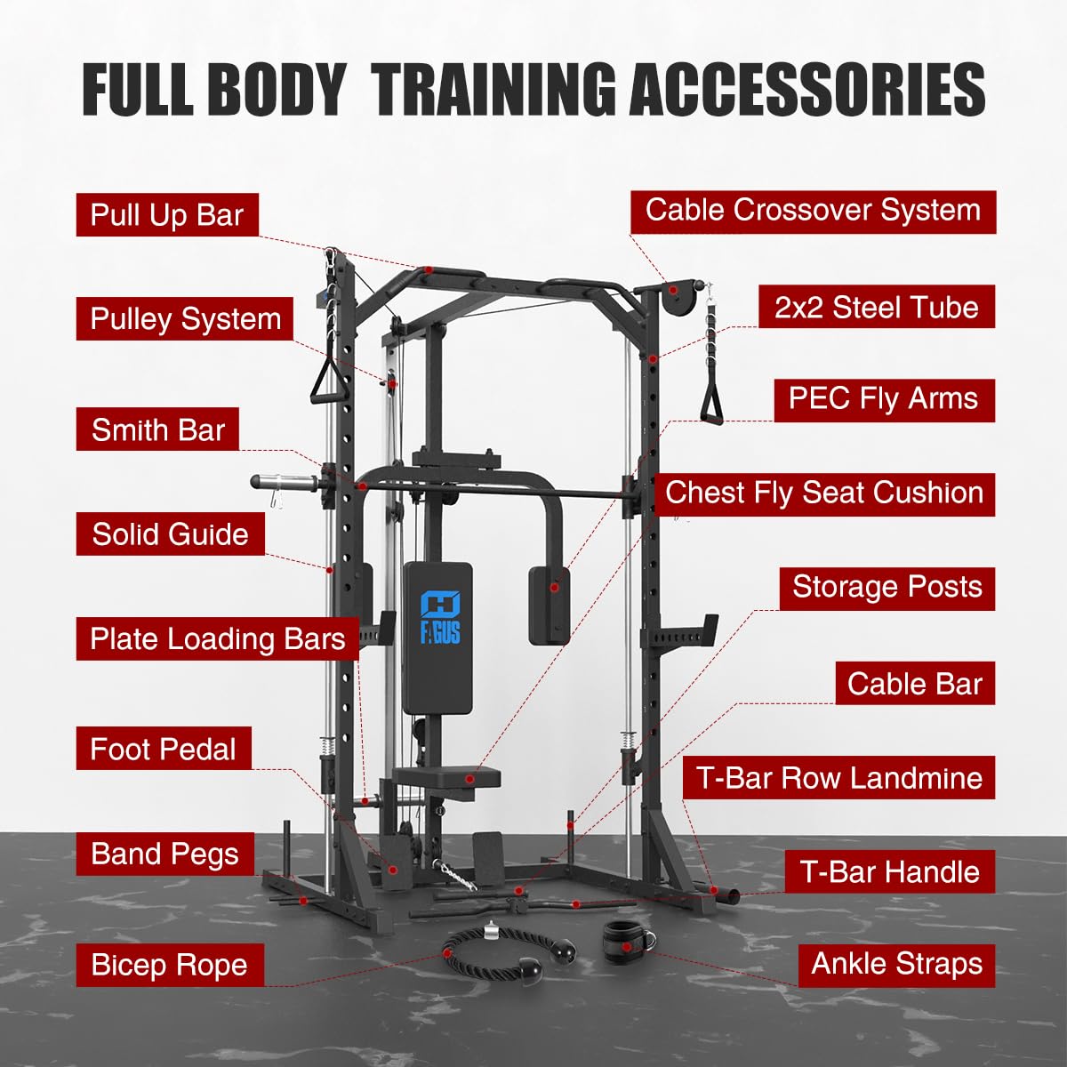 FAGUS Black Smith Machine Power Rack with Cable Crossover System & Chest Fly Station, 360° Landmine, T-Bar Row Handle, Tricep Rope, Ankle Strap, Safety Arms, Band Pegs and More Training Attachment