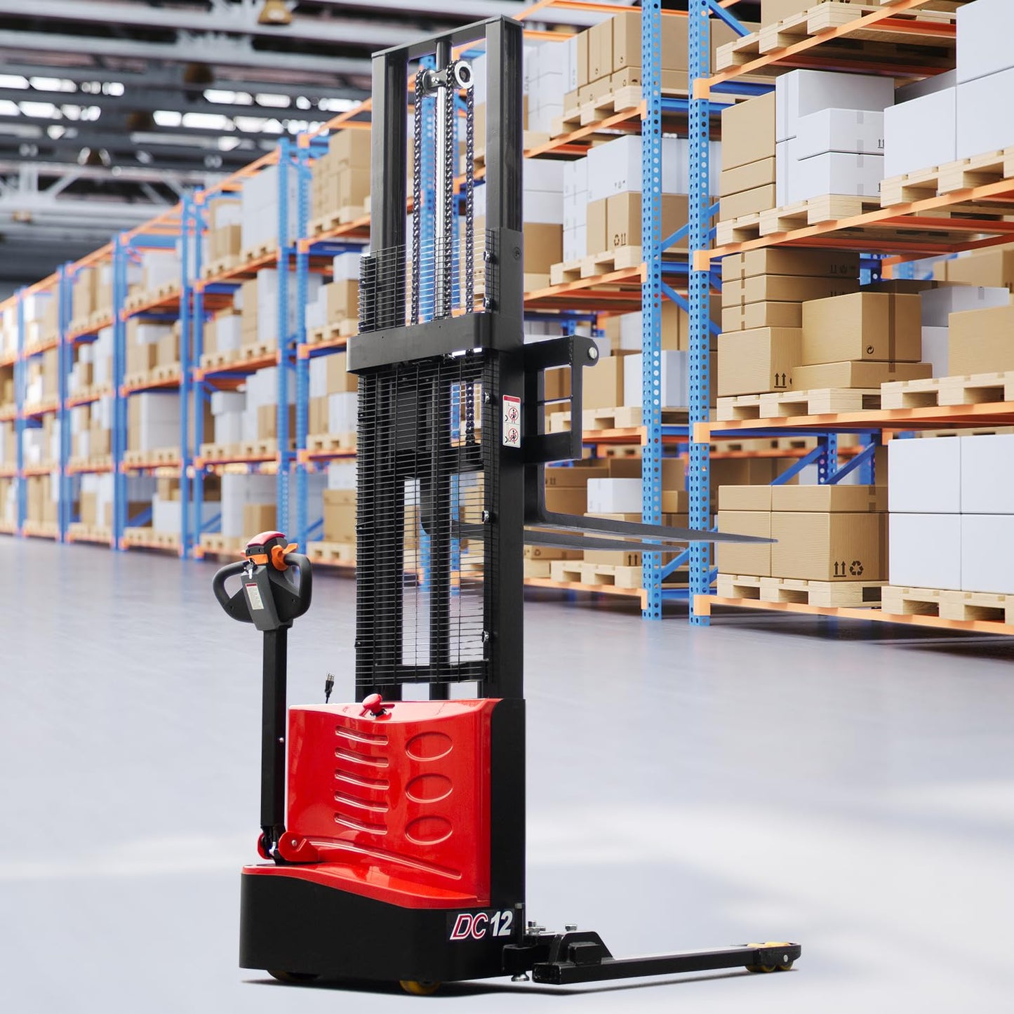 HPDMC Full Electric Pallet Stacker 118" Lifting Height Wakie Stacker Straddle Legs Material Lift with Adjustable Forks