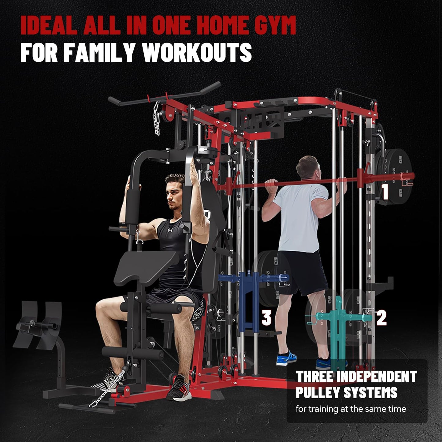 FAGUS H All in One Home Gym System Workout Station, Multi-Function Smithe Machine Power Cage with Cable Crossover, Tripe-Sided Independent Load Posts, Smithe Trainer for Full Body Training, Black Red