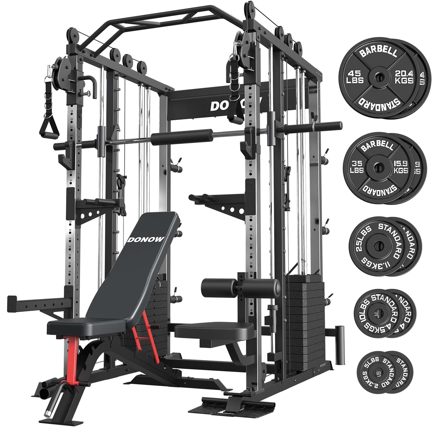DONOW Smith Machine with Weight Stacks, Heavy Duty Home Gym System Power Cage Cable Crossover Machine Multi-Functional Trainer Ratio 1:1