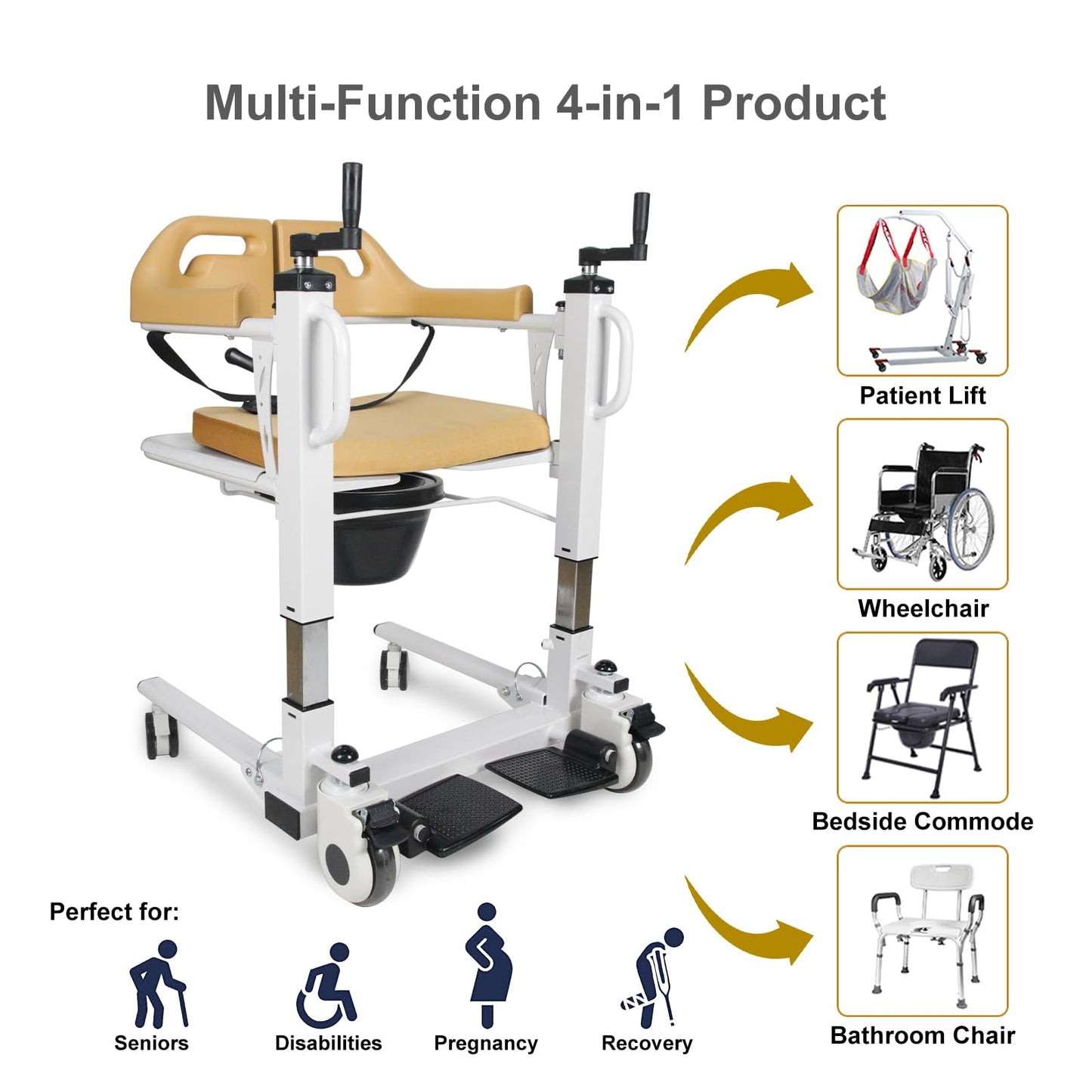 Patient Lift Transfer Chair for Home, 4 in 1 Portable Transfer Chair for Senior Adults, Bed to Toilet Transfer Lift, Ships from USA - Weight Capacity 290 lb - Easy to Use