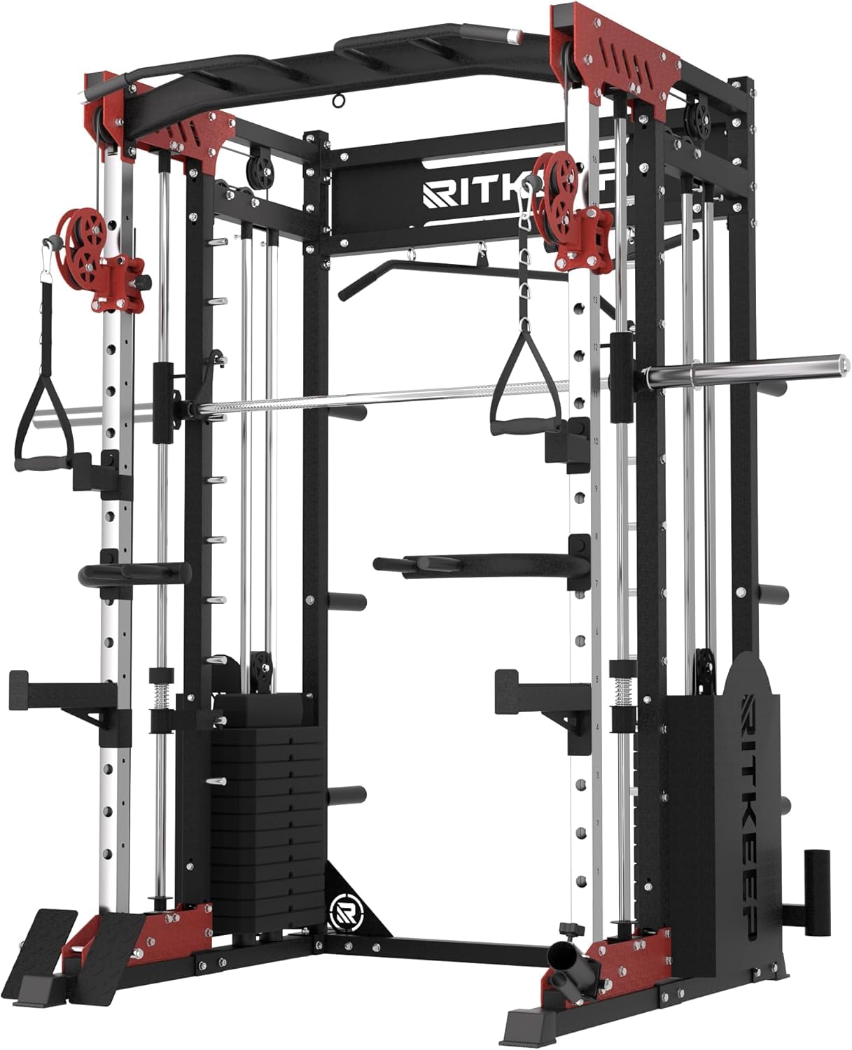 RitKeep PMAX-5600 Heavy-Duty Smith Machine Squat Rack with 320 LB Weight Stacks, 6-in-1 Multi-Function Home Gym System, Dual Cable Crossover and 2000 LB Capacity for Full-Body Strength Training