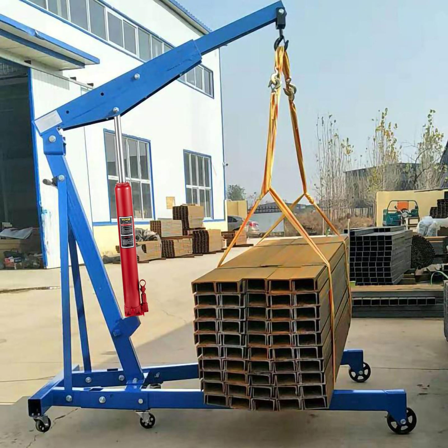 VEVOR 4 Ton Hydraulic Long Ram Jack, Cherry Picker Ram with Single Piston Pump, Manual Engine Hoist Cylinder with Handle and Flat Base, for Garage & Engine Lifting, Red