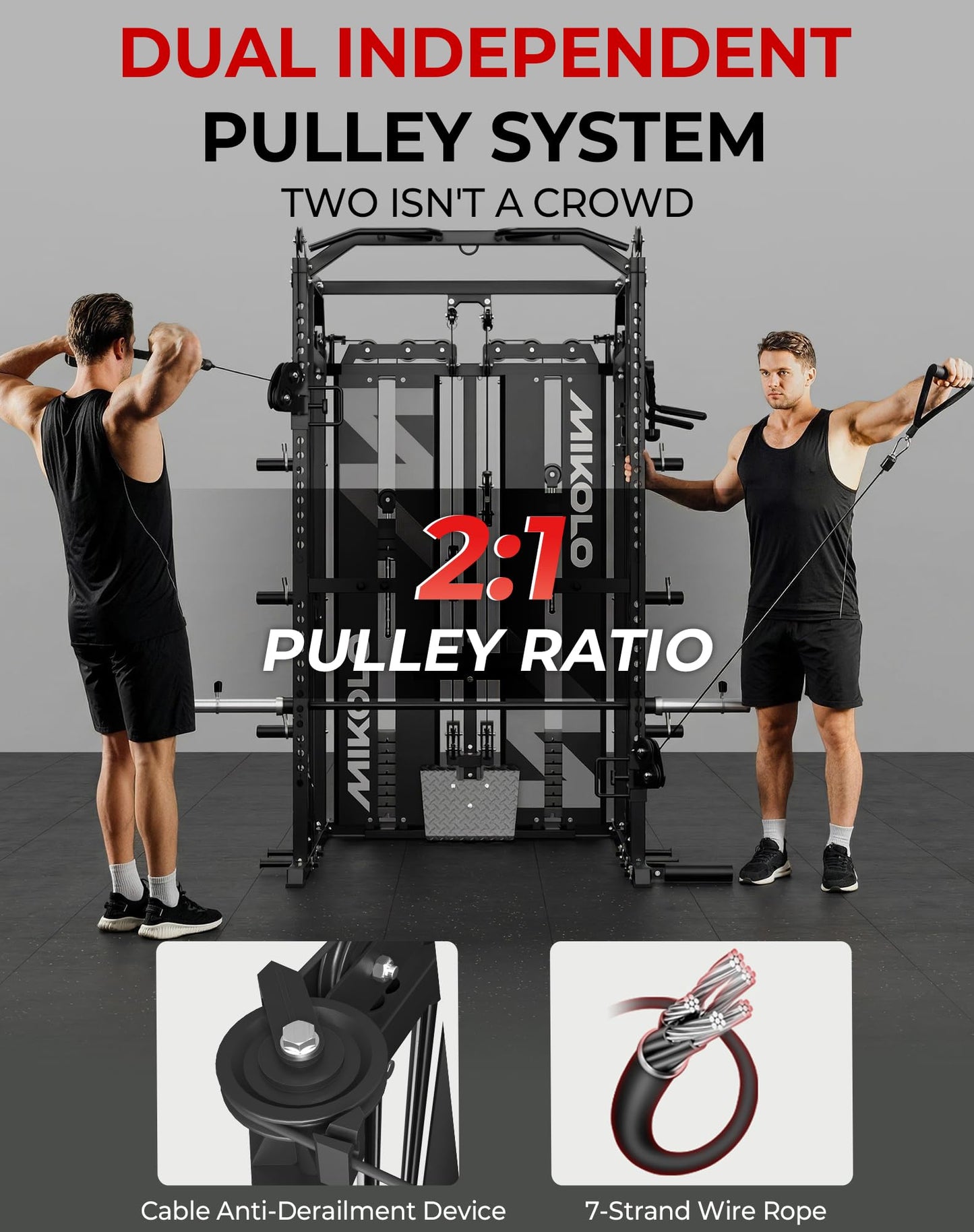 Mikolo Smith Machine with Weight Stack, Power Cage Home Gym System with LAT Pulldown & Cable Crossover, Multi-Functional Trainer with Dual Pulley System, Includes 10+ Free Attachments