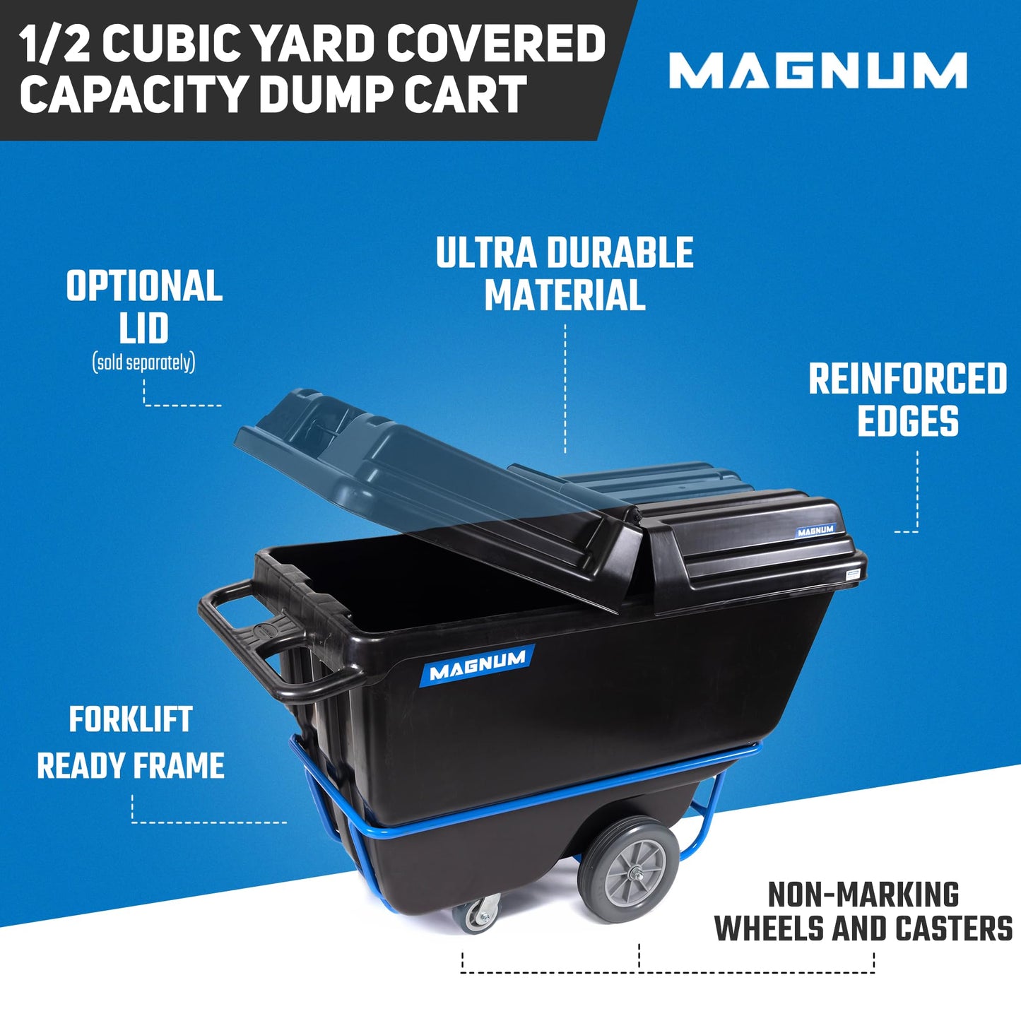 Magnum Tool Tilt Truck, 1/2 Cu. Yd. Capacity Dump Cart with Non-Marking 12” Wheels & 5” Casters & Forklift-able Frame for Jobsites, 850 lbs, Trash Cart with Wheels DUC12T-F-NM