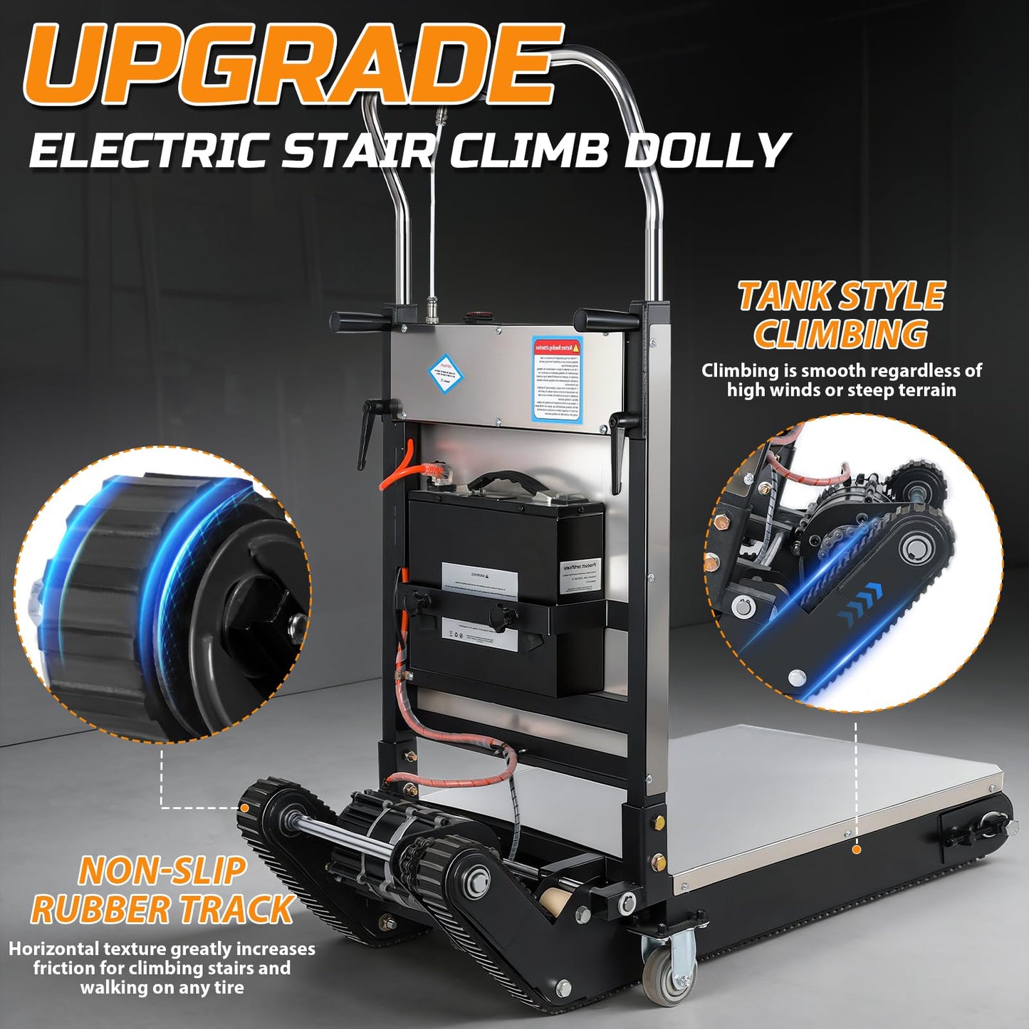 1200W Electric Stair Climbing Hand Truck with Upgraded Tracks & Height‑Adjustable Tray, 900lbs Stair Climber Trolley Lithium Battery with Safety Rope, Heavy Duty Stair Climber, Warehouse Logistics