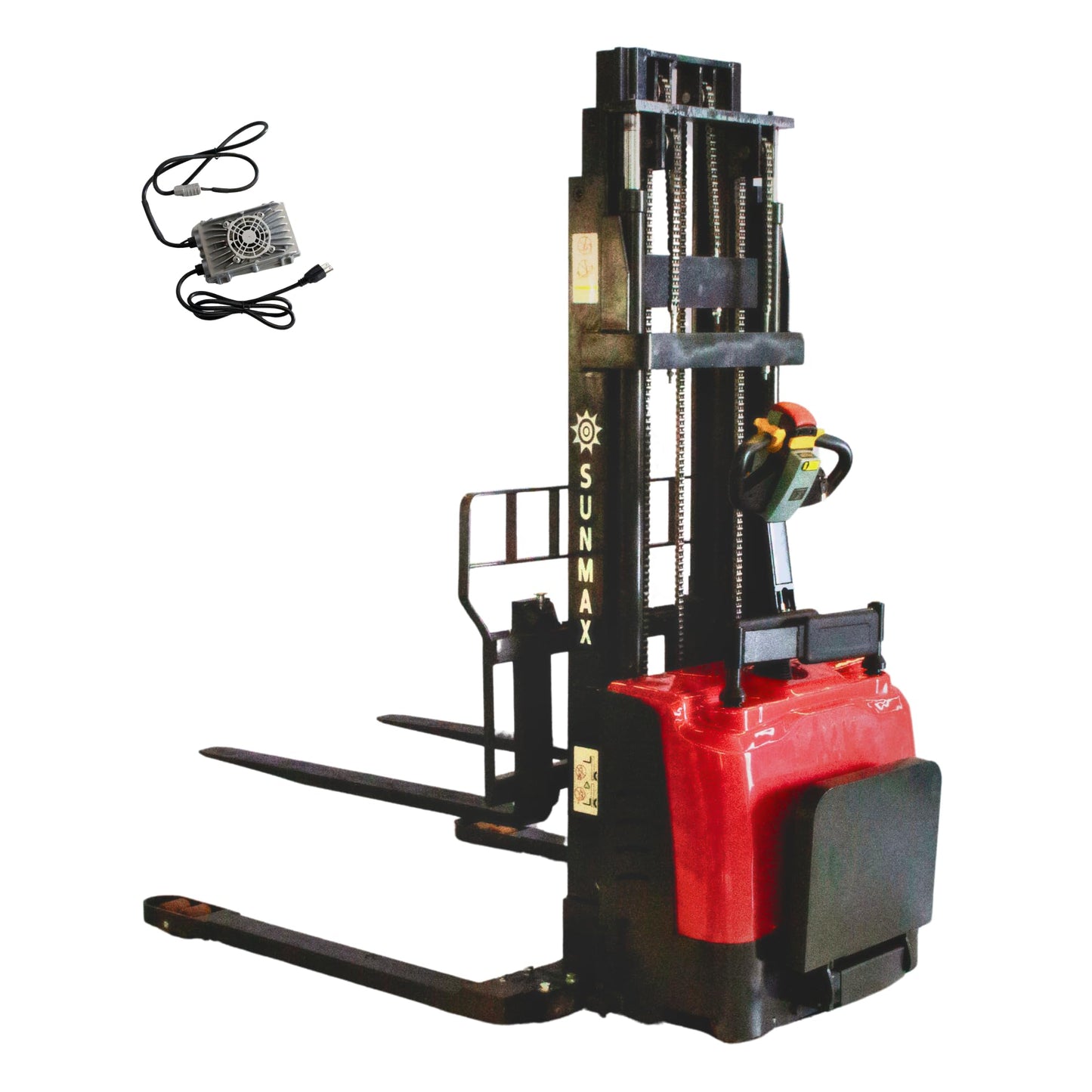 SUNMAX Electric Straddle Stacker, 3300 lbs Capacity, 157 inch Lift Height, Steel Frame, Red and Black