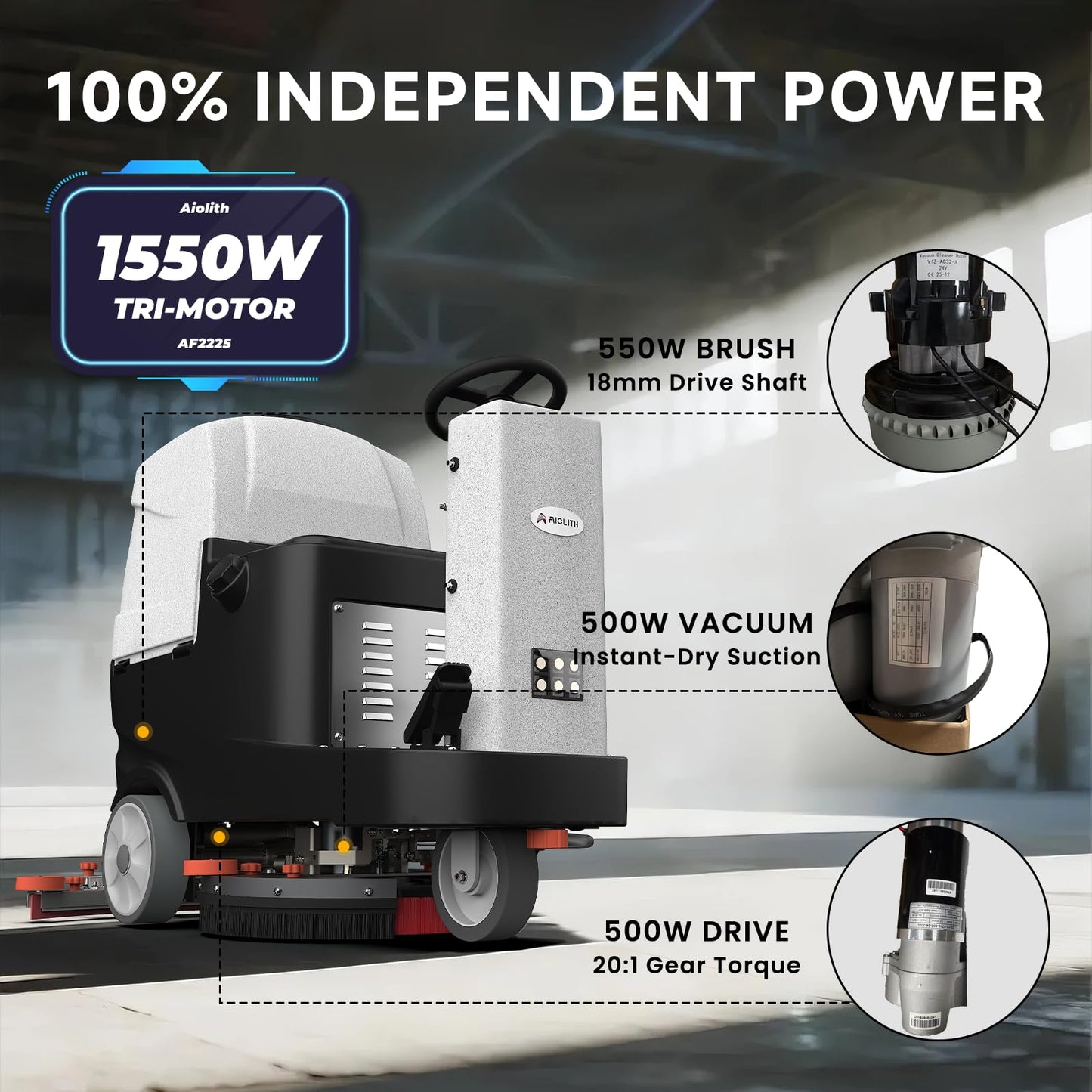 AIOLITH AF2225 Micro Ride-on Commercial Floor Scrubber, 25-Gal, 22" Brush, Up to 55000 ft²/h, Lithium Battery, Fast Charge, Industrial Riding Floor Cleaning Scrubber for Warehouse, Hospital, Garage