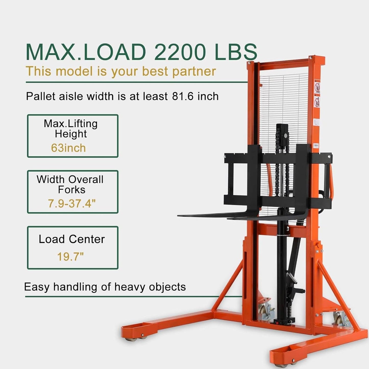 Tory Carrier Manual Pallet Stacker, Material Lift - 2200 lbs Capacity, 63" Lifting Height Pallet Lift Truck with Straddle Legs and Adjustable Forks