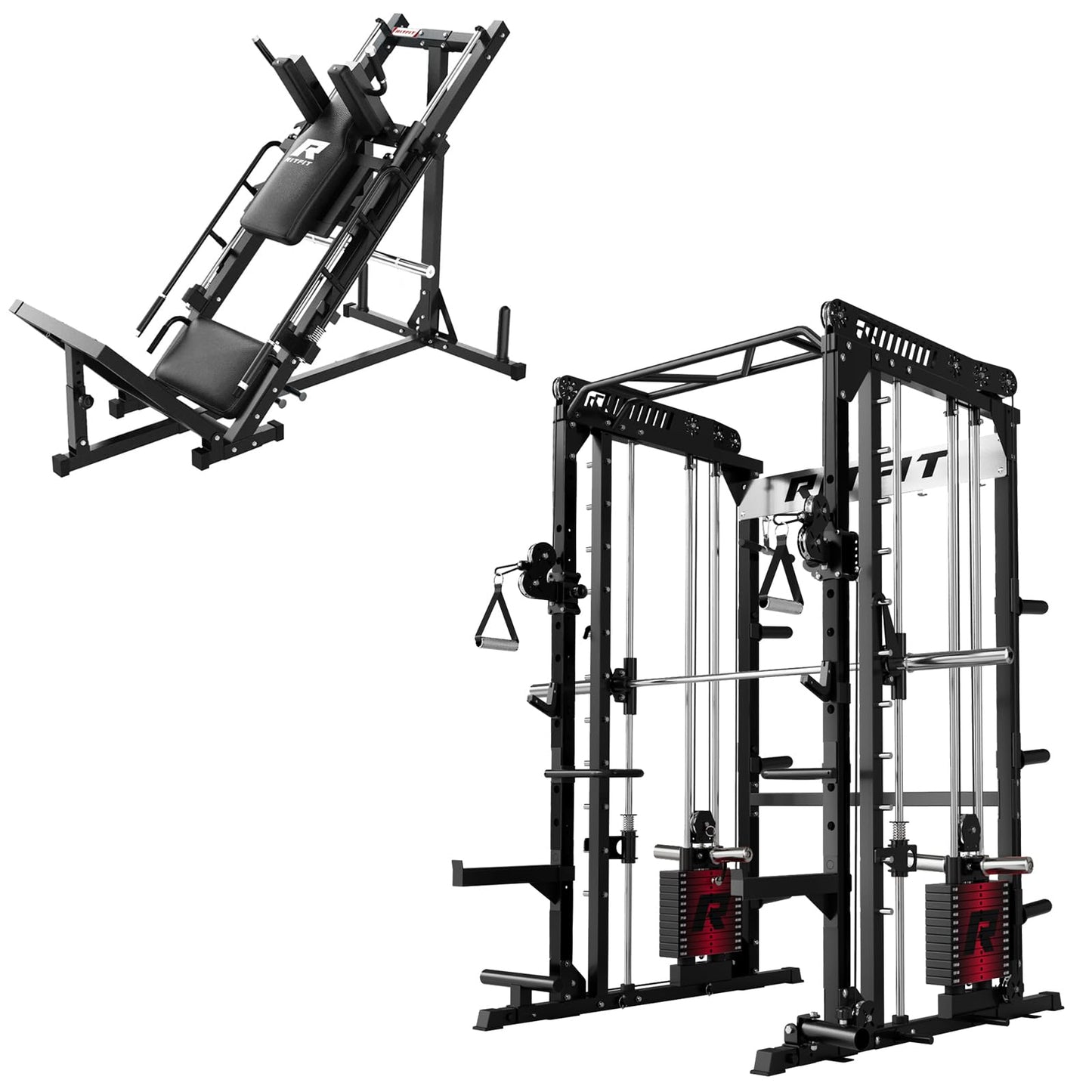 RitFit M1 Pro Smith Machine Package, All-in-One Power Cage with Weight Stack Set, Includes LAT Pulldown & Cable Crossover System for Home Gym