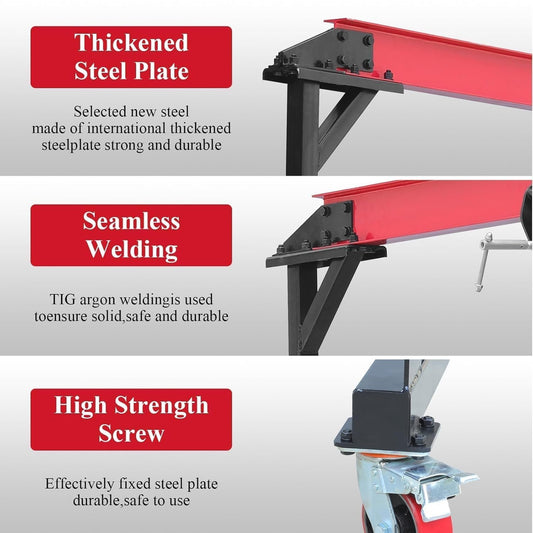 1 Ton Adjustable Height Gantry Crane with Locking Casters - 2200 LBS Heavy Duty Steel Shop Crane for Workshop, Garage, Warehouse