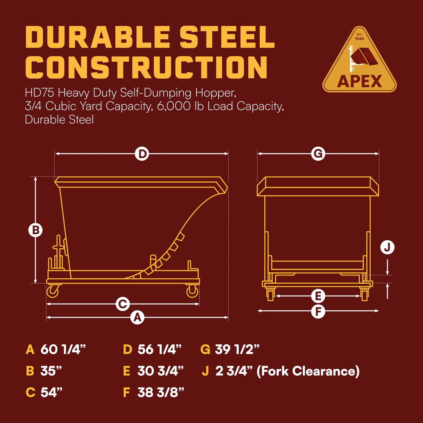 Apex Forklift Heavy Duty Self-Dumping Hopper w/Casters, 3/4 Cubic Yard, 6000 lb Capacity, Durable Steel, Made in The USA (3/4 Cubic Yard)