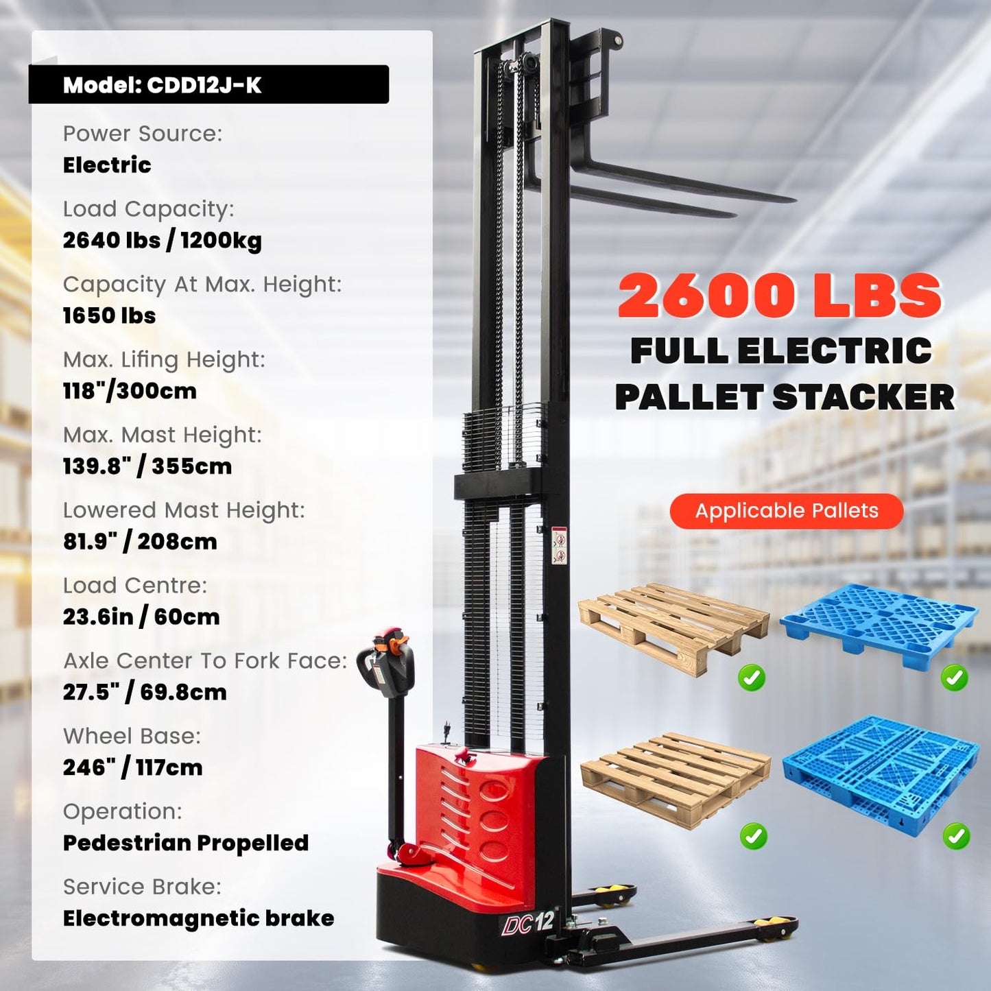 DMC-FPPS 2640lbs Full Electric Pallet Stacker, 118" Lifting Height Wakie Stacker Straddle Legs Material Lift with Adjustable Forks, Suit for Warehouses, Factories, Docks, Workshops, Garages