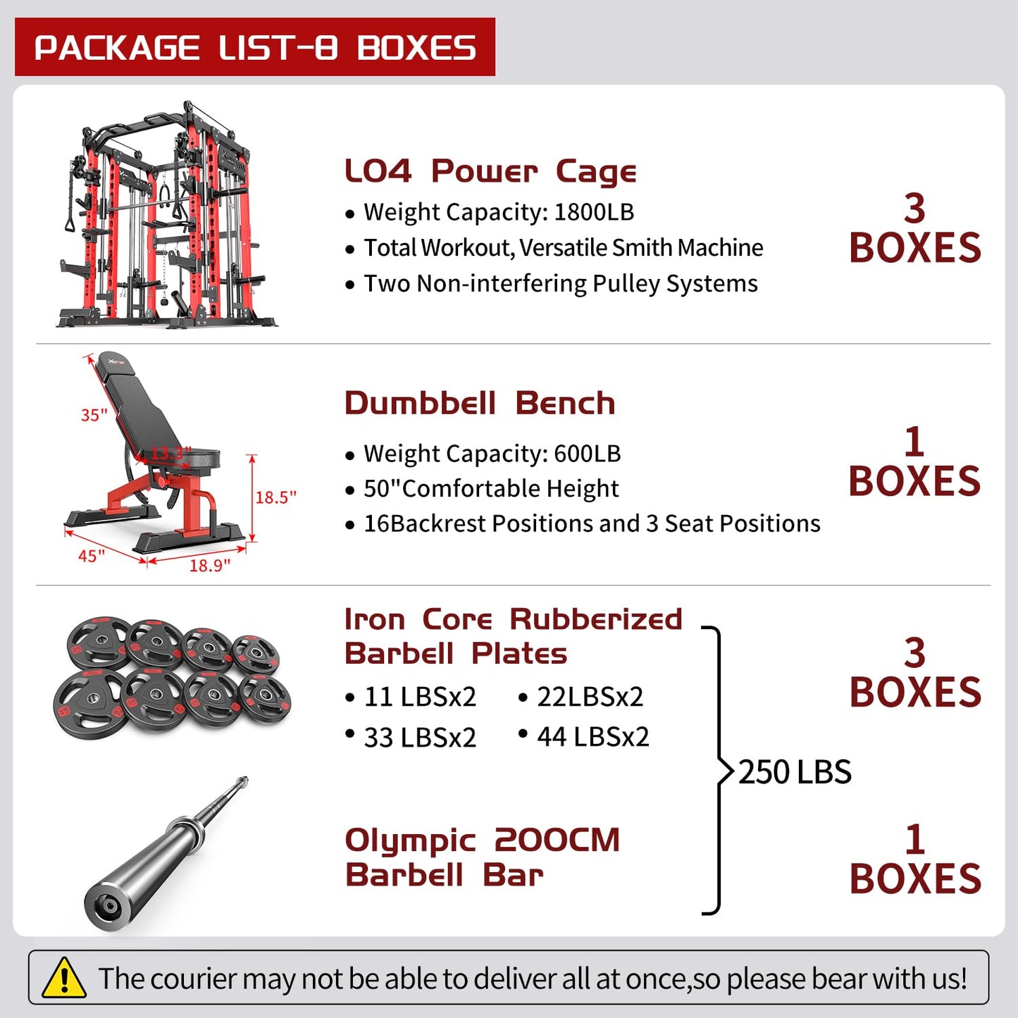 XGSW XINGESIWR Multi-Purpose Squat Rack,Smith Machine Weight Rack Set with Cable Crossover System, Home Gym Power Racks, Power Racks and Packages (L04, Power cage Red+Bench+Cast lron 220LBS)