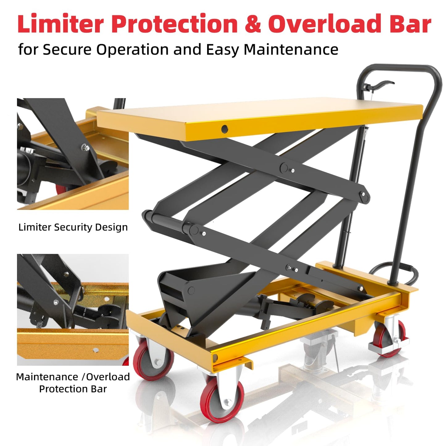 ZKH Hydraulic Lift Cart, 660lb Capacity, 63" Max Lifting Height, Single Scissors Lift Table with Locking Wheels and Overload Bar for Safe Operations, Ideal for Material Handling and Freight Lifting