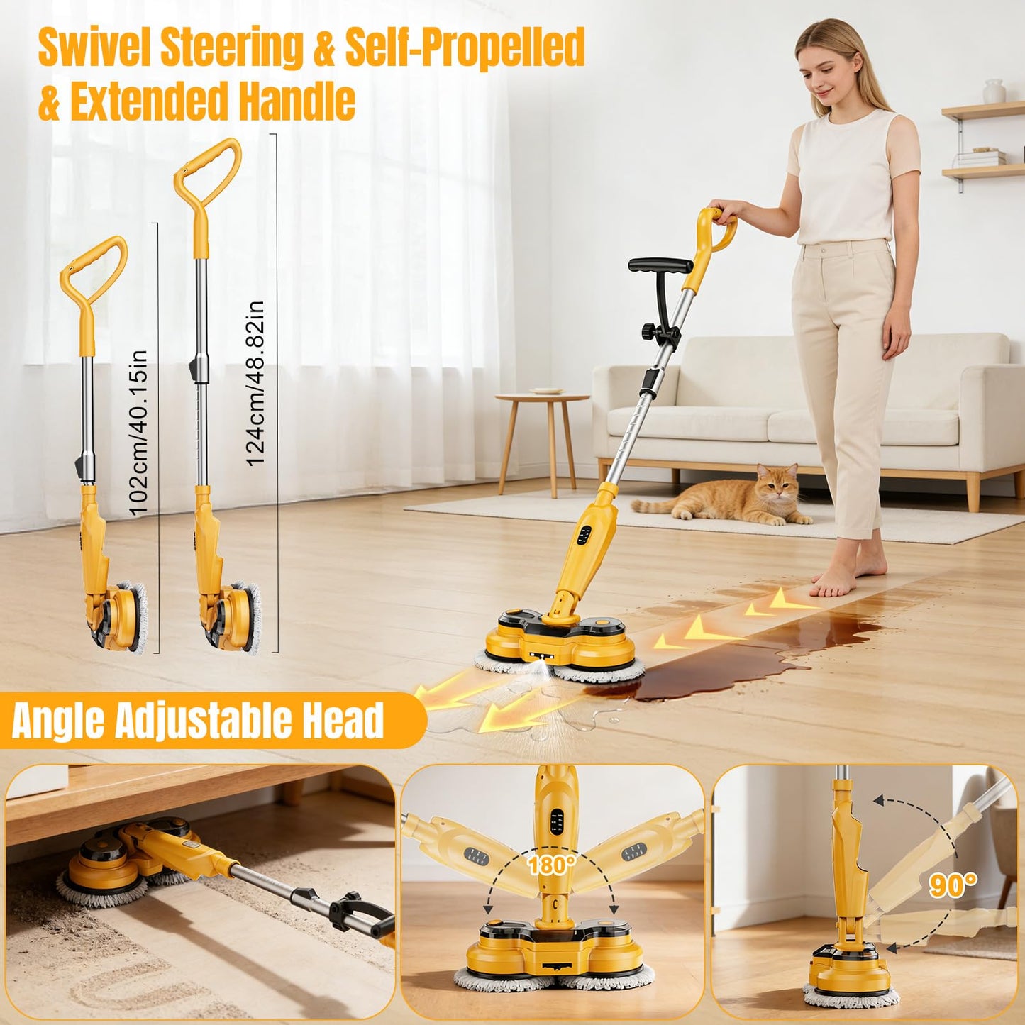 Cordless Electric Mop for Dewalt 20V Battery (NO Battery), 2 in 1 Spin Mop & Electric Floor Scrubber Machine with LED Light & Water Spray, 800 RPM Rotating Electric Mops for Floor Cleaning (Yellow)
