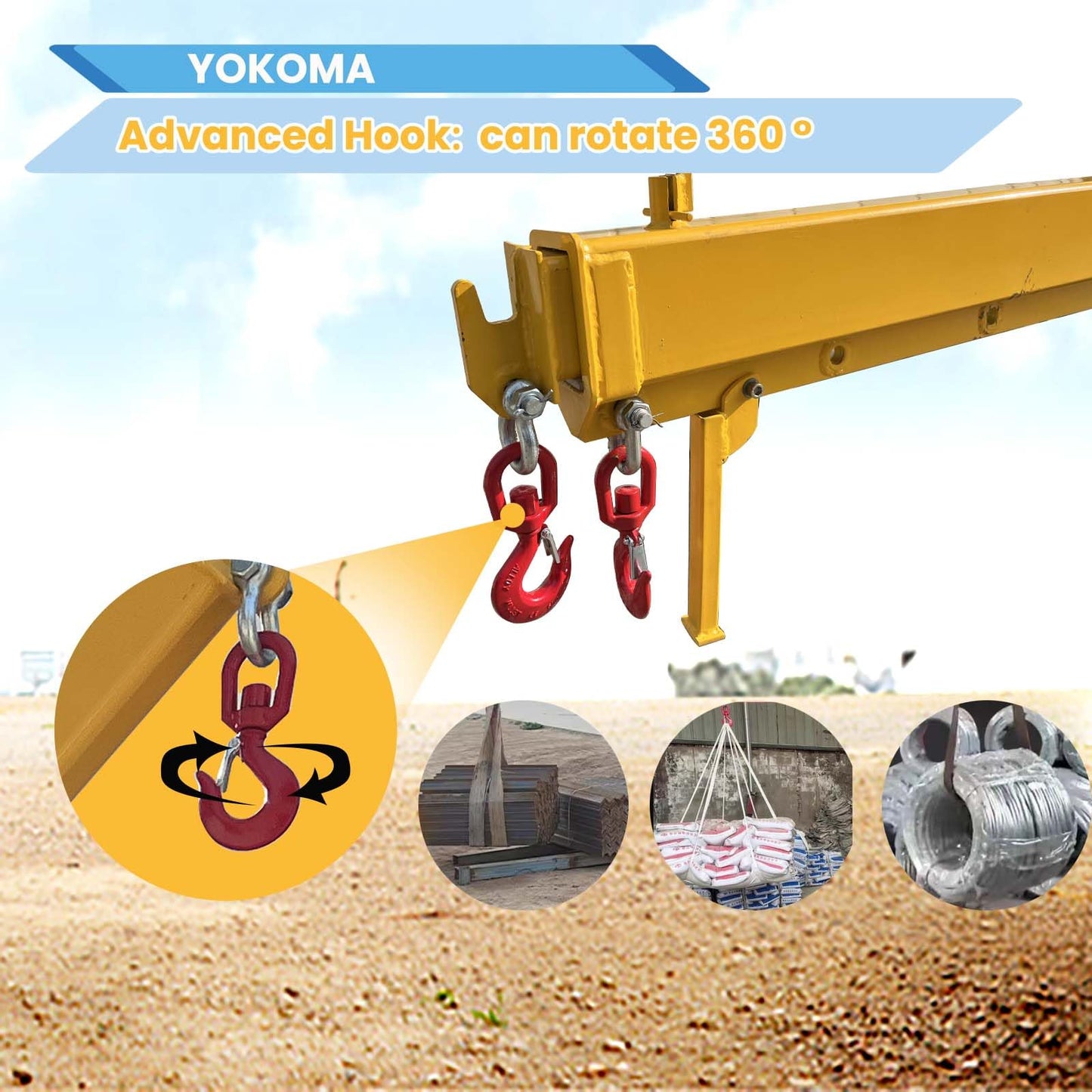 Yokoma 3000KG/6600LB Forklift Jib Boom Mobile Crane, Industrial Lifting Telescoping with 0-75° Adjustable Tilt Angle, 2 Lifting Hooks Hoist, Telescopic Booms Attachments for Towing Handling Equipment