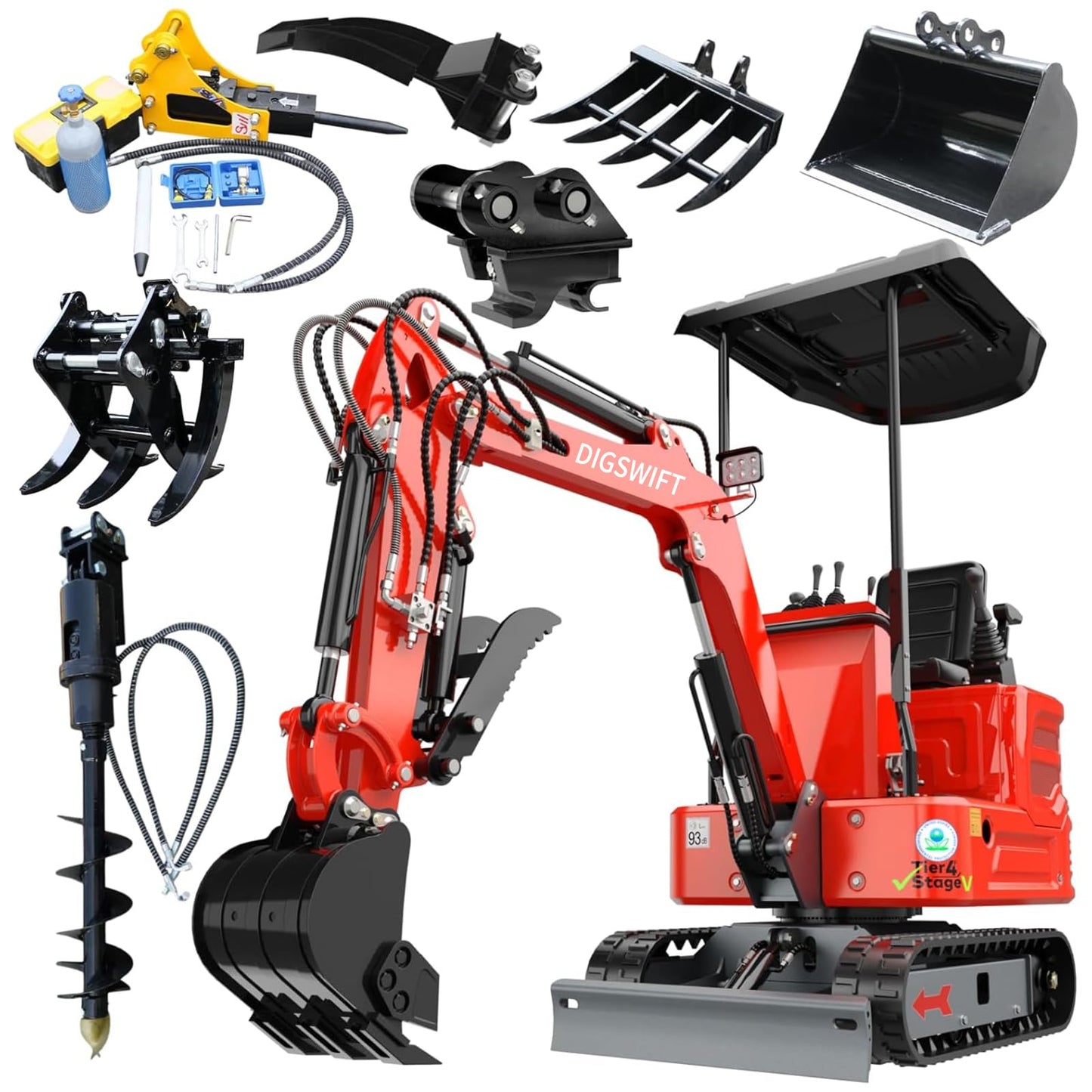 DS-16, 1.4 Tons KubotaDiesel Mini Excavator, w/Pilot System Quick Coupler, Ripper, Rake, Toothless Bucket, Grapple, Auger, Hydraulic Hammer Breaker Kit, Work for Any Occasions, US in Stock red