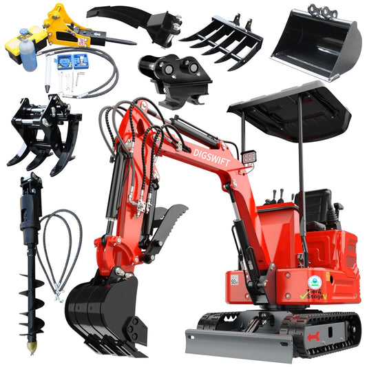 DS-16, 1.4 Tons KubotaDiesel Mini Excavator, w/Pilot System Quick Coupler, Ripper, Rake, Toothless Bucket, Grapple, Auger, Hydraulic Hammer Breaker Kit, Work for Any Occasions, US in Stock red