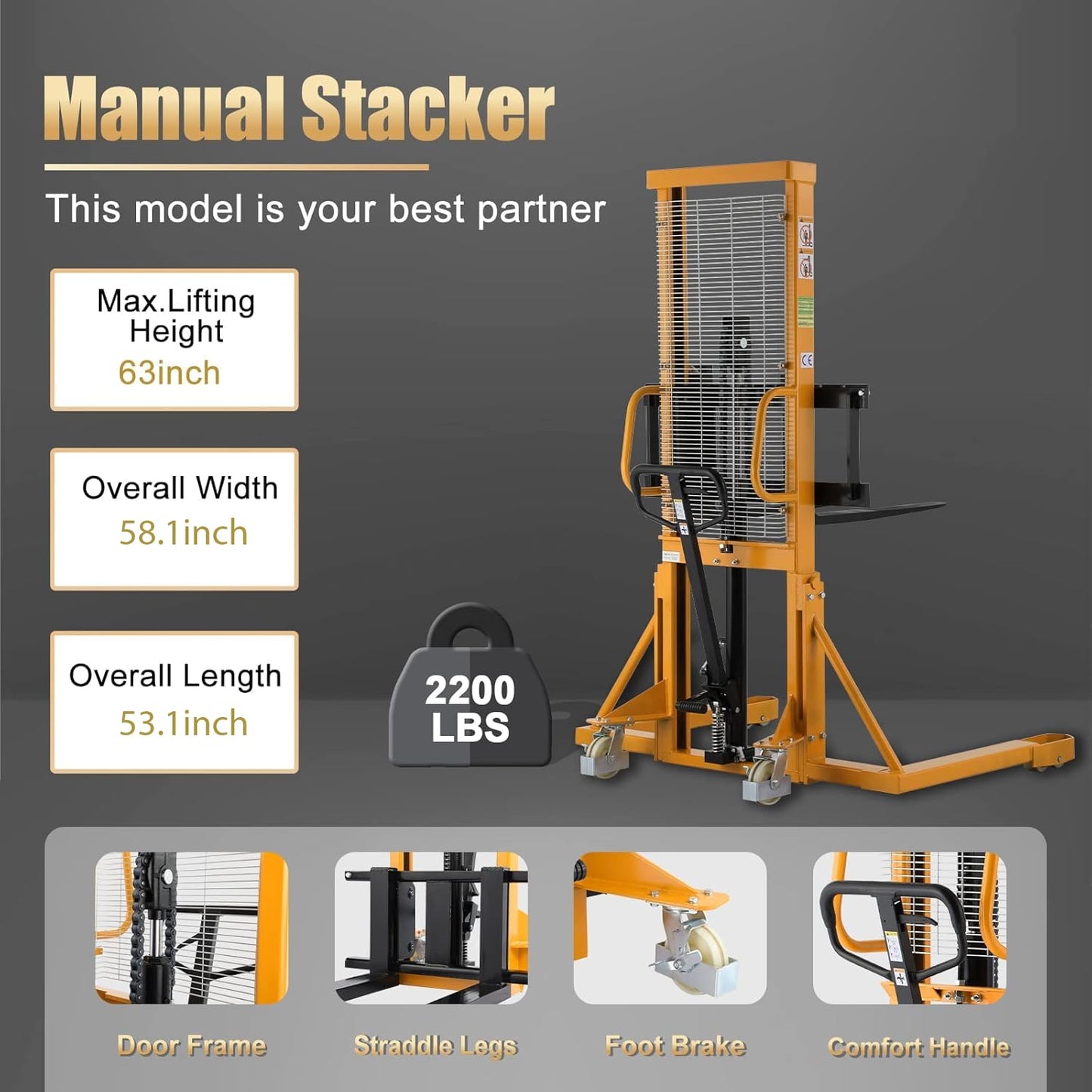 Aequanta Manual Pallet Straddle Legs Stacker 2200lbs Capacity 63" Lifting Height Material Lifter with Adjustable Forks