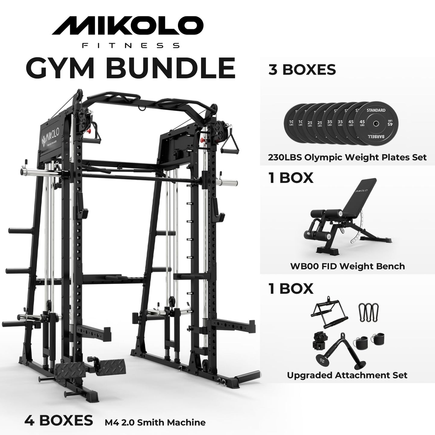 Mikolo M4 2.0 Standard Smith Machine with 230 lbs Bumper Weight Plates, Multi-Function Squat Rack with LAT-Pull Down System & Cable Crossover Machine, Home Gym Equipment, Black