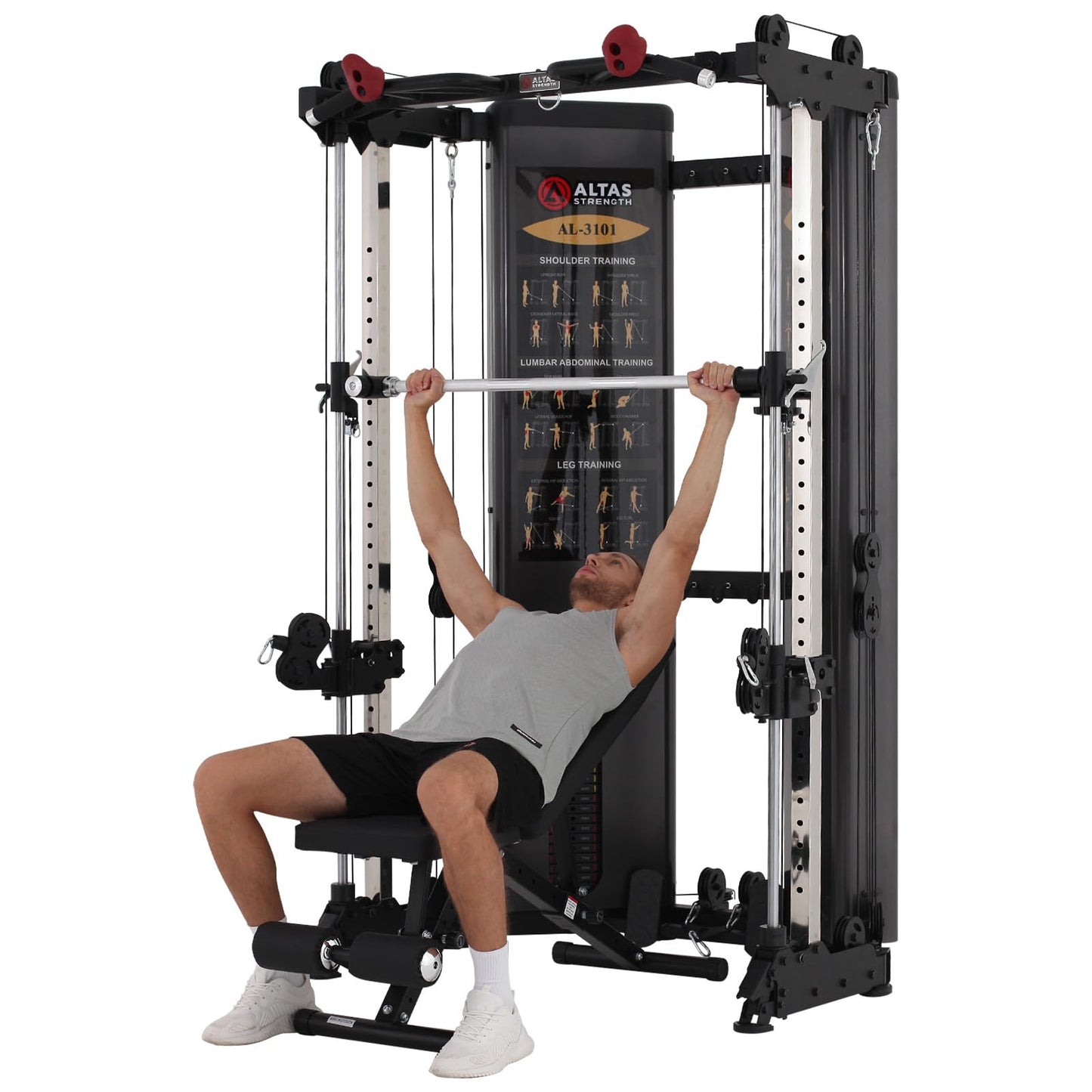 Altas Strength Folding Home Gym Smith Machine with Pulley System Gym Squat Rack Weight Bar Upper Body Strength Training Leg Developer Commercial Fitness Equipment Included Accessories 3101