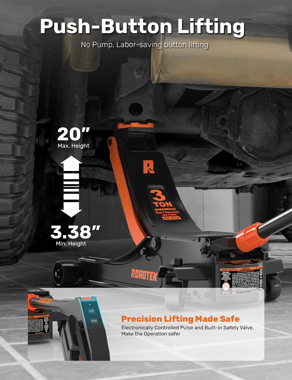 ROADTEK 3 Ton Electric Floor Jack, Low Profile Jack for Quickly Car Lift, Hydraulic Service Jack, 6000 lbs Capacity. Lifting Range 3-3/8" to 20"(Caster Wheel)