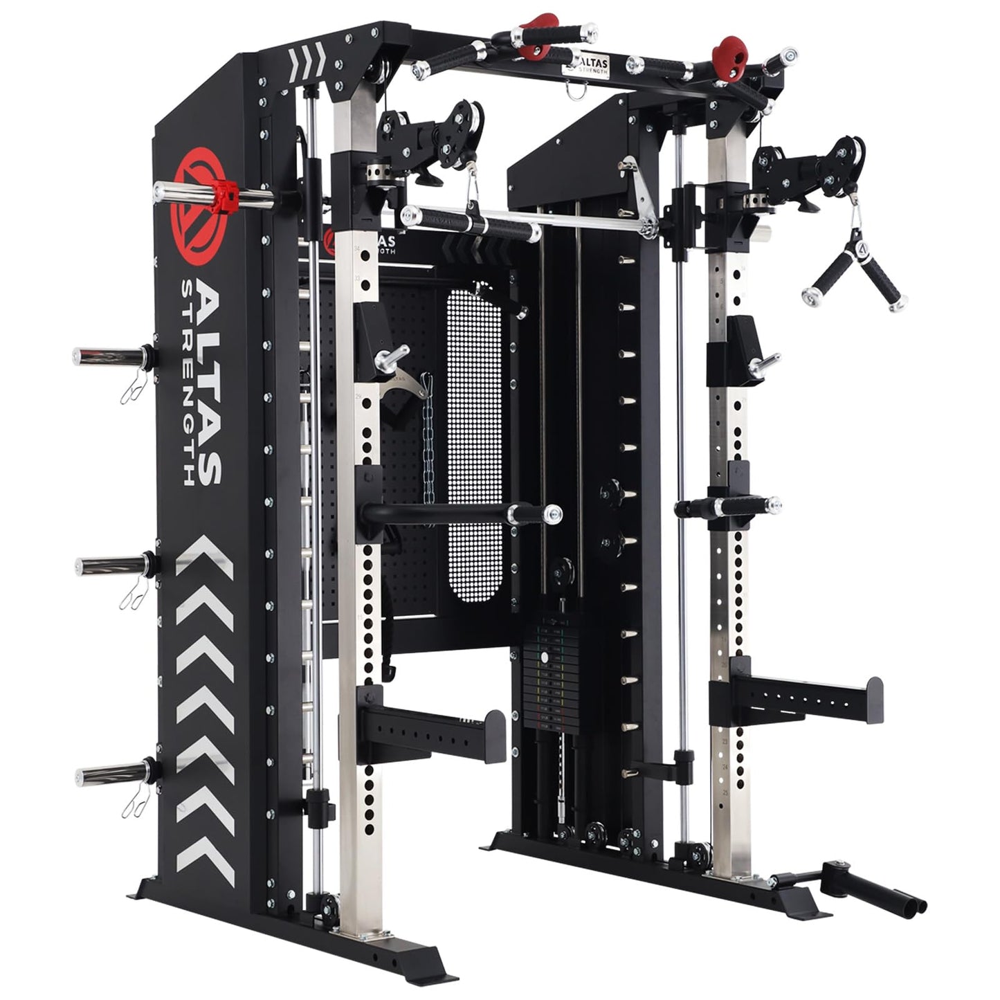 ALTAS STRENGTH Home Gym Equipment Smith Machine with Pulley System Gym Squat Rack Pull Up Bar Upper Body Strength Training Leg Developer Commercial Fitness Equipment Included Accessories 3000