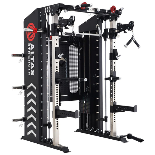 ALTAS STRENGTH Home Gym Equipment Smith Machine with Pulley System Gym Squat Rack Pull Up Bar Upper Body Strength Training Leg Developer Commercial Fitness Equipment Included Accessories 3000