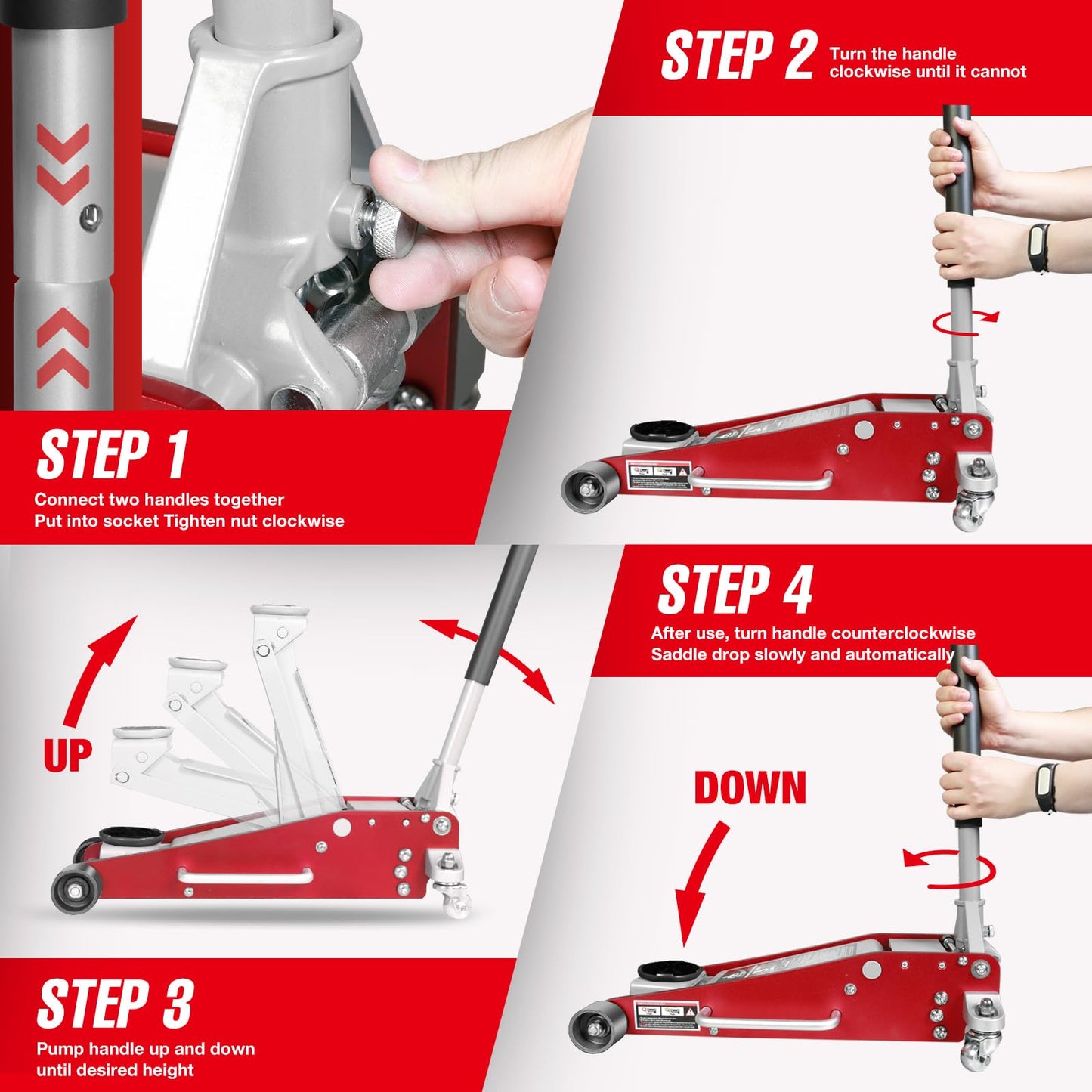 Jack Boss 3 Ton Low Profile, Aluminum and Steel Racing Floor Jack with Dual Pistons Quick Lift Pump for Sport Utility Vehicle, Lifting Range 3-15/16" min to 18-5/16" max, Net Weight 58.5 lb, Red