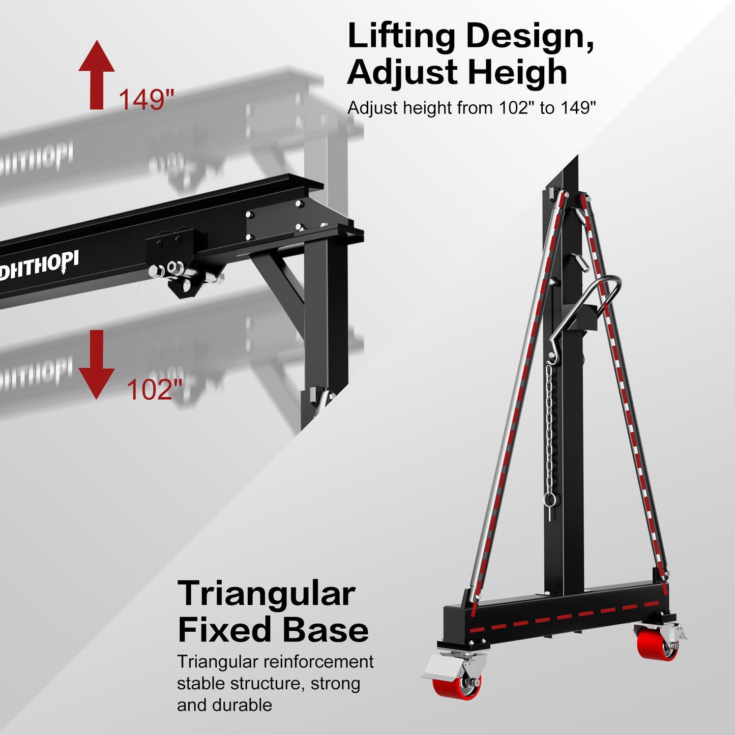 LDHTHOPI 3 Ton Gantry Crane, 6600LBS Adjustable Height 8.53 to 12.47ft with Triangle Base, Portable I-Beam Hoist for Factory, Warehouse, Auto Repair & Construction,Black