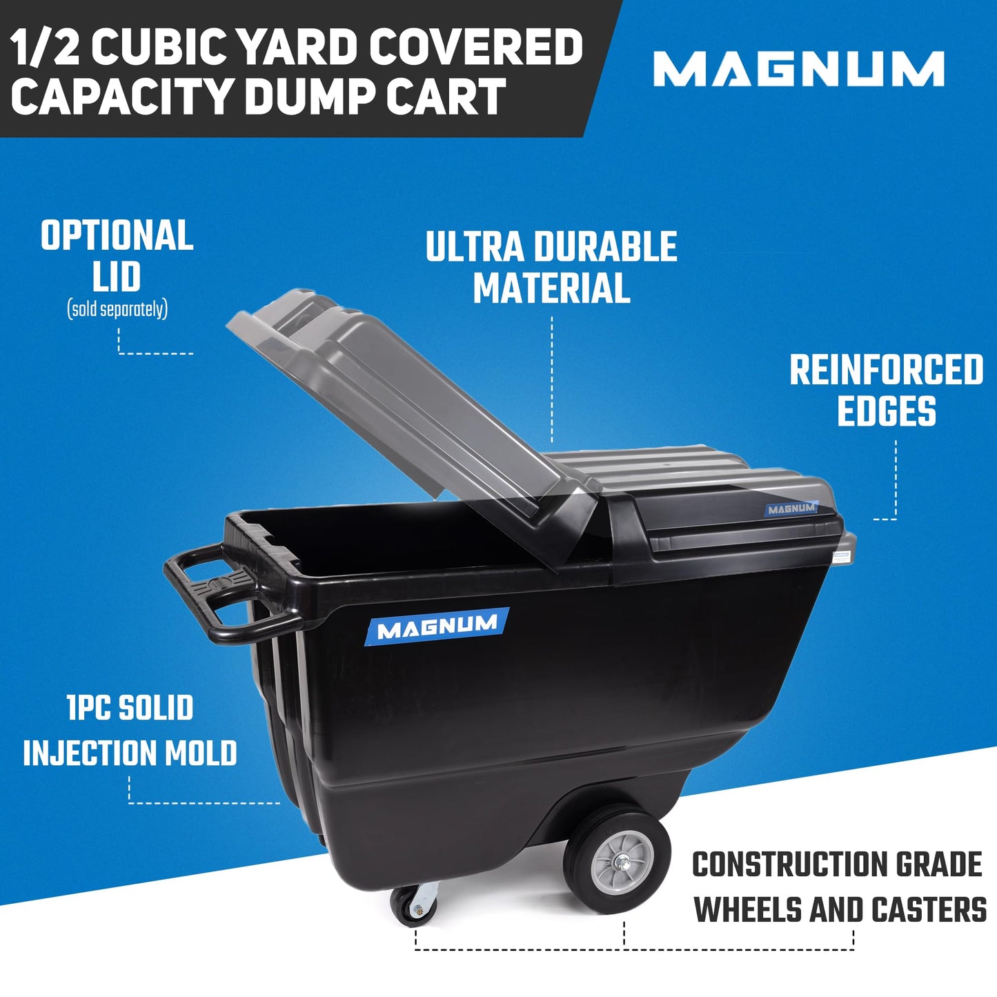 MAGNUM TOOL Tilt Truck, 1/2 Cu. Yd. Capacity Dump Cart with Heavy Duty 12” Wheels & 5” Casters for Handling, Transporting on Construction Jobsites, 750 lbs, Trash Cart with Wheels DUC12A-04PK (4-Pack)