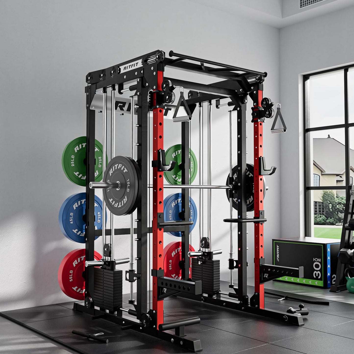 RitFit M2 Smith Machine with with Cable Crossover System, 3D Functional Trainer & Power Cage, 16 Adjustment Holes, 6 Storage Pegs for Full-Body Home Gym(M2 PRO-3D Red)