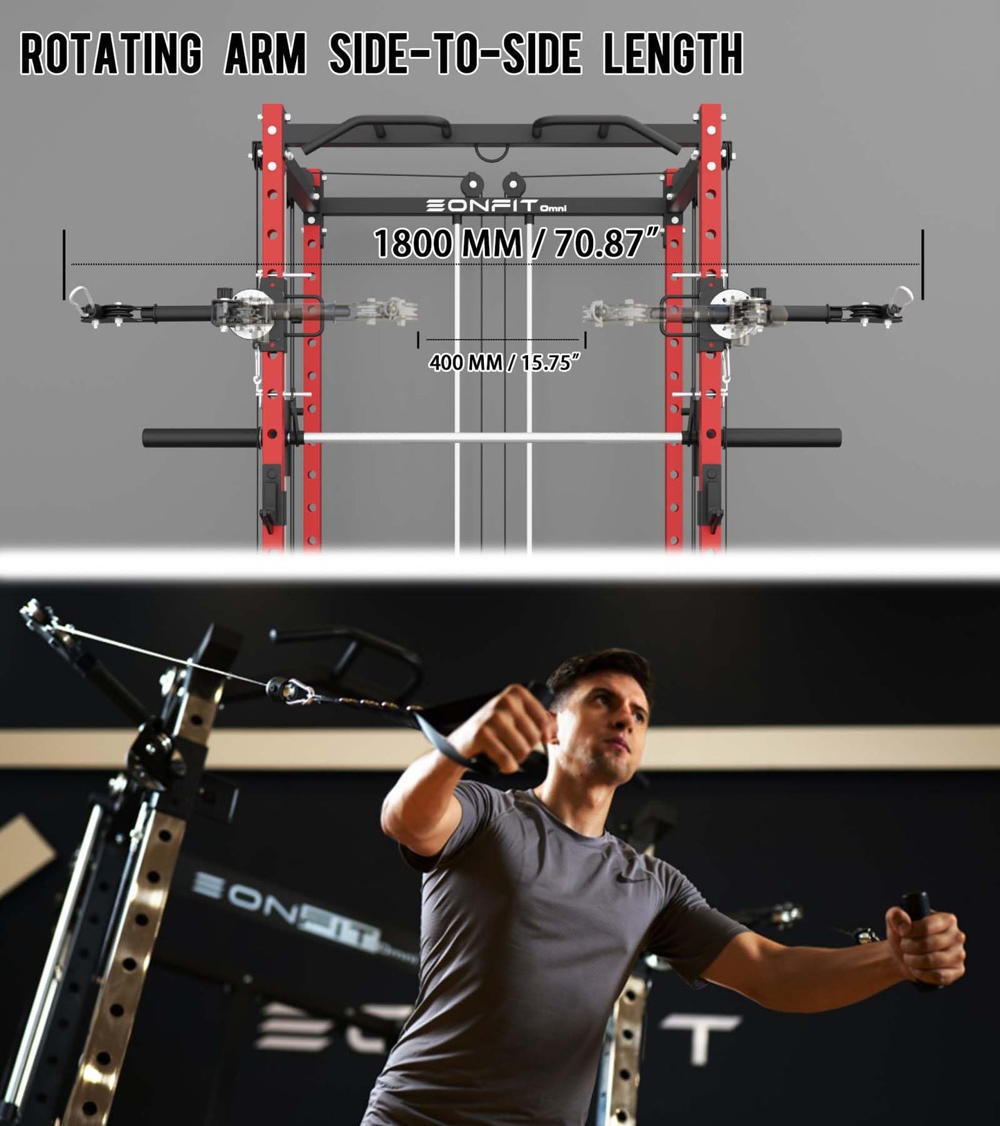 Eonfit E3 Smith Machine with 3D Rotating Arm for Home Gym Equipment, Multi-Function Power Cage Squat Rack with Cable Crossover LAT Pulldown Pulley System All in One (RED, PRO)