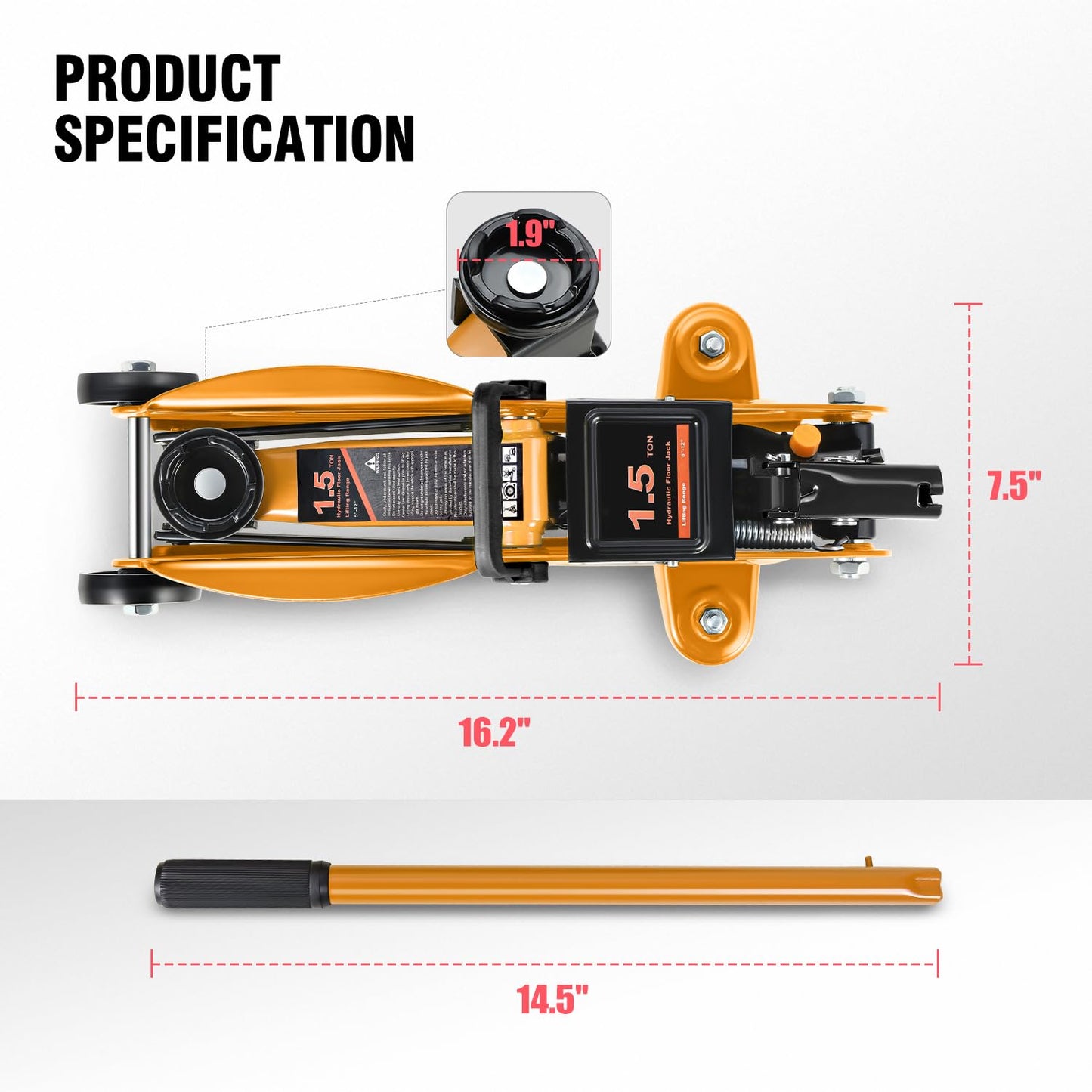 DNA Motoring Low Profile Hydraulic Trolley Service/Floor Jack, 1.5 Ton (3000 lbs) Capacity, Lifting Range 5.3"-12", Orange, TOOLS-00326-OG