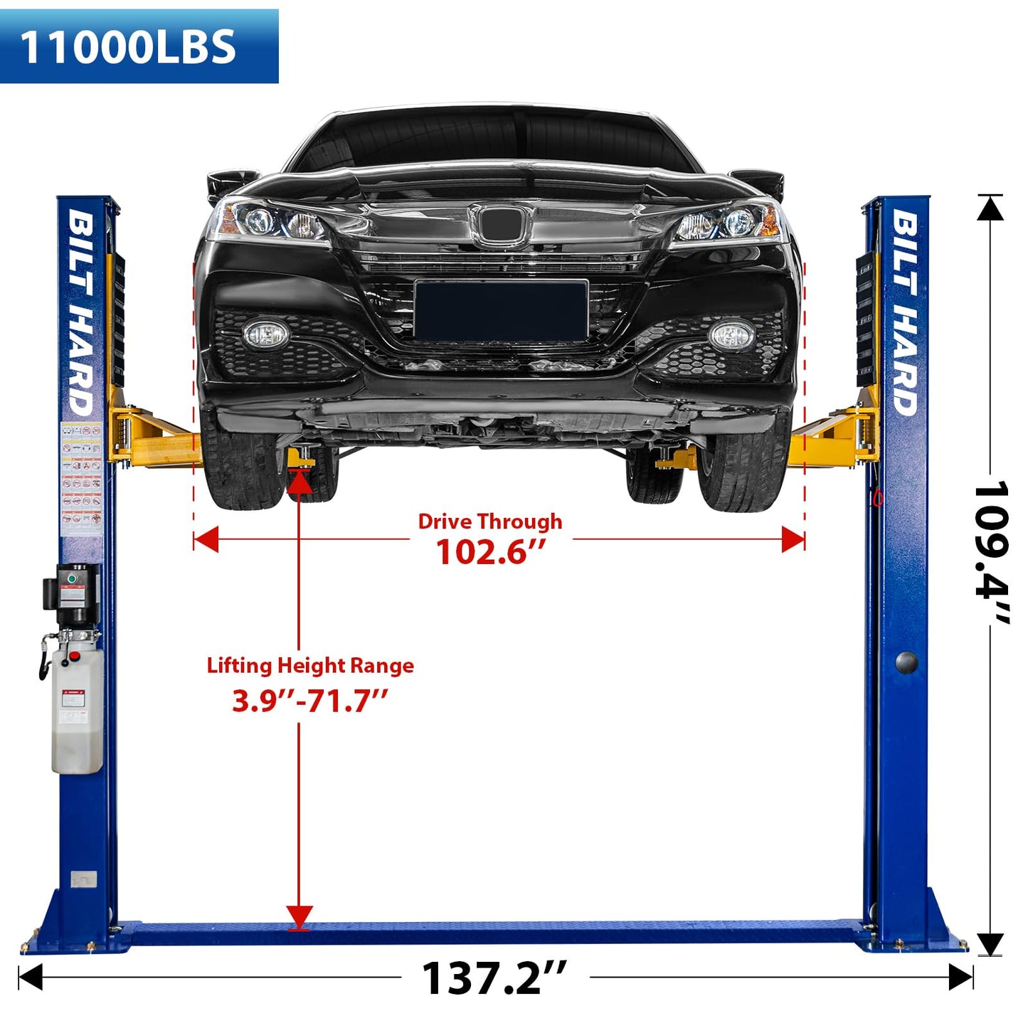 BILT HARD 11000lbs 2 Post Car Lift, Clear Floor Auto Lift with 220V 3HP Motor & Double Lock Release for Home Garage and Auto Shop