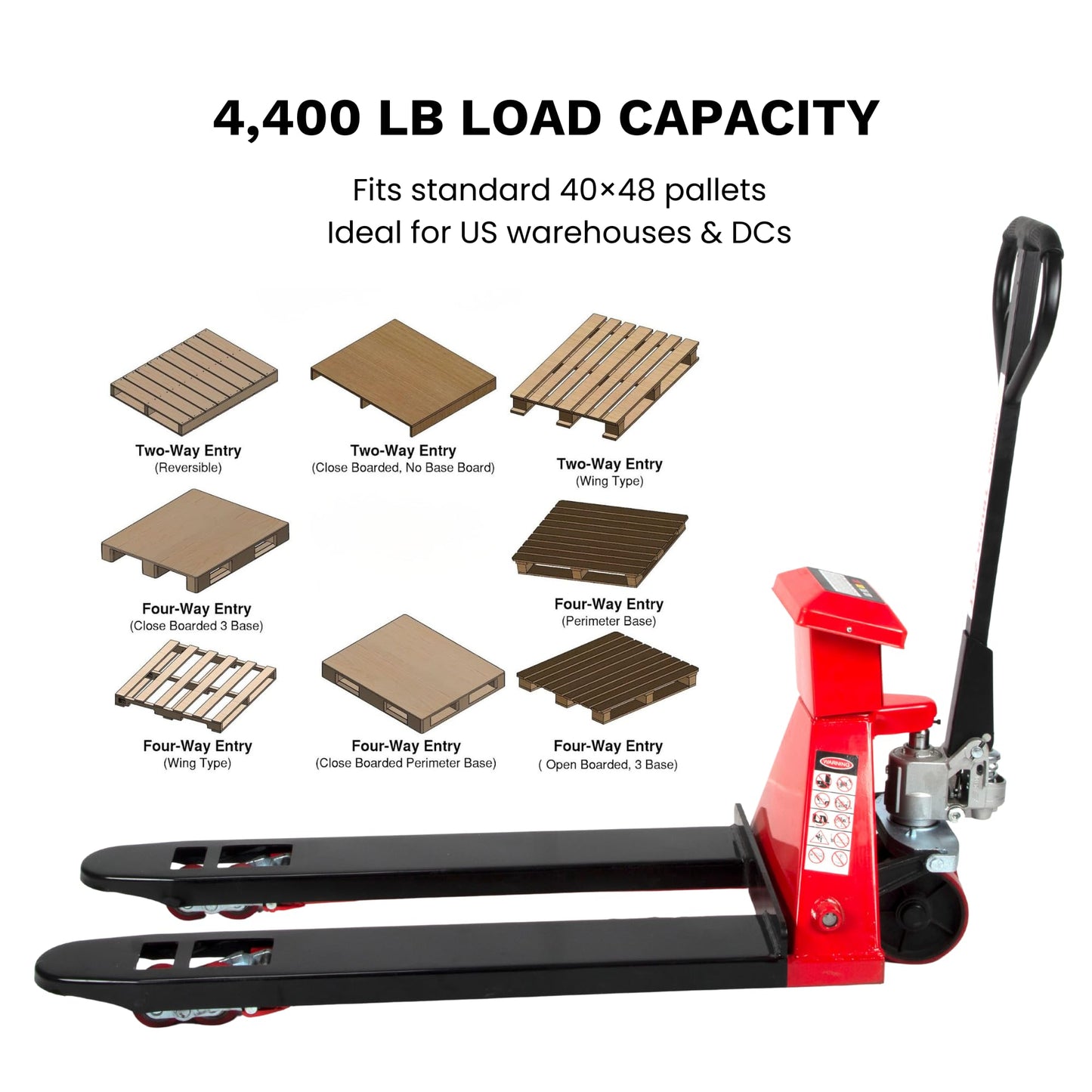 SUNMAX HD4400W Pallet Jack with Built-in Digital Scale, 4,400 lb Capacity, 27" W x 48" L Forks Manual Pallet Truck for Warehouse and Retail