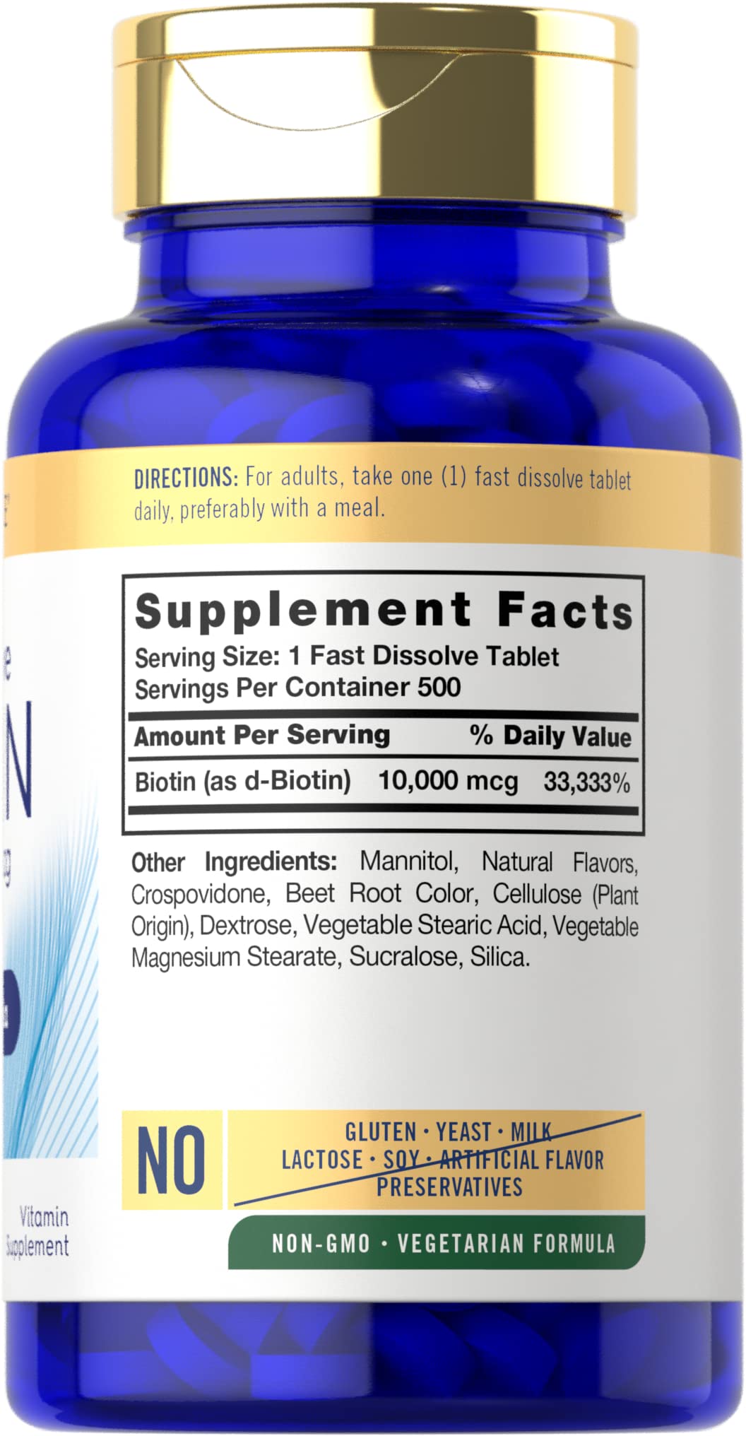 Carlyle Biotin 10,000mcg | 500 Fast Dissolve Tablets | for Hair, Skin, and Nails | Maximum Strength | Vegetarian, Non-GMO, Gluten Free Supplement