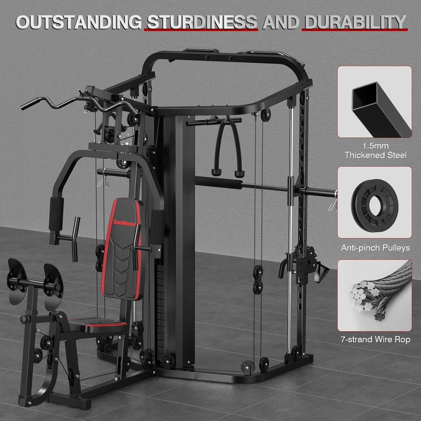 SunHome Multifunction Home Gym Equipment Workout Station, Smith Machine with 138LB Weight Stack and BP, Leg Press, LAT Station for Full Body Training