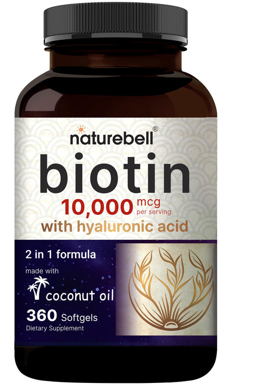 NatureBell Biotin 10000mcg + Hyaluronic Acid 25mg | 360 Coconut Oil Softgels, Premium Biotin Supplement for Hair Skin and Nails*