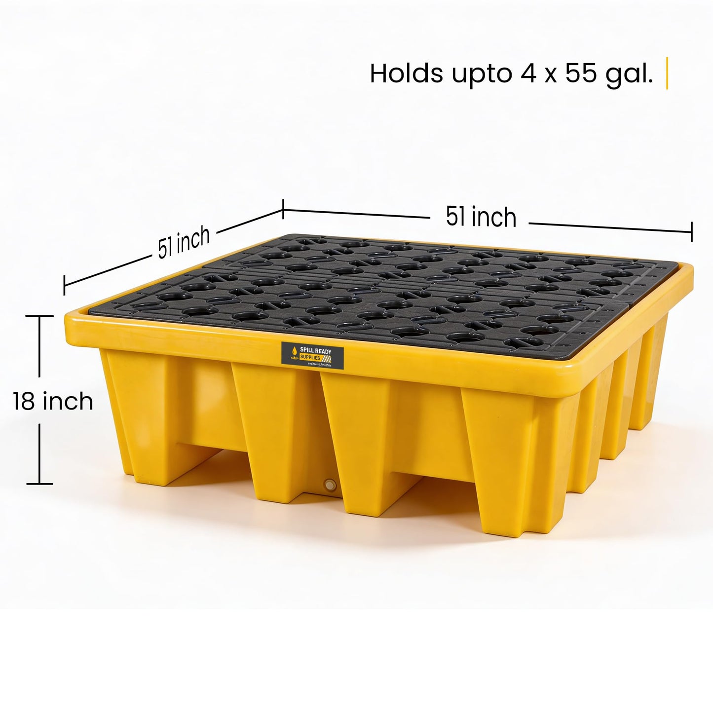Spill Ready High Capacity 4 Drum Spill Containment Pallet - 51" x 51" x 18" - 114 Gallon Sump, HDPE Drum Containment with Drain and Forklift Pockets, Yellow - Secondary Containment Pallet